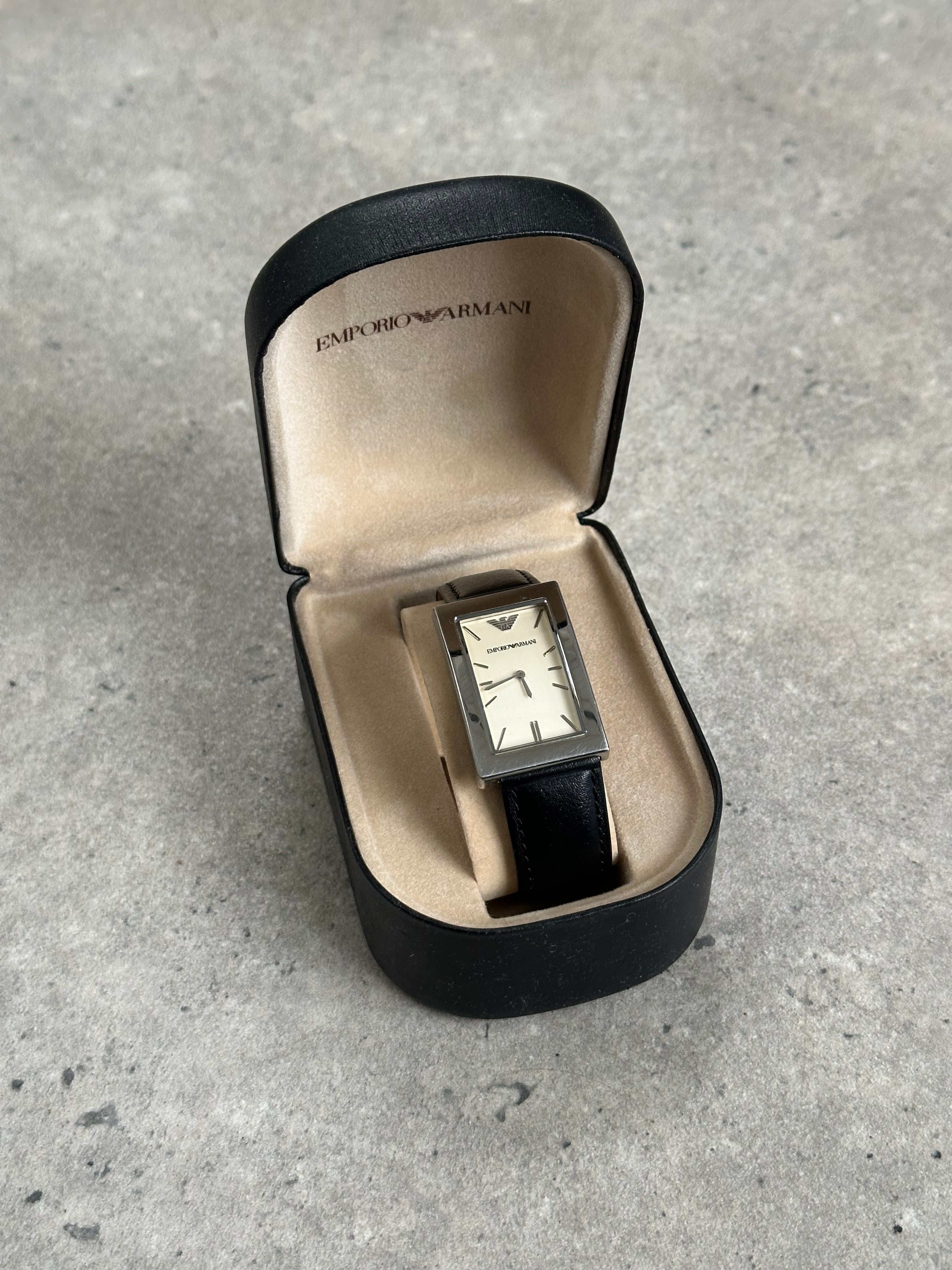 Emporio Armani 2000s rectangle stainless steel leather watch with black leather strap and silver dial, stylish men's timepiece