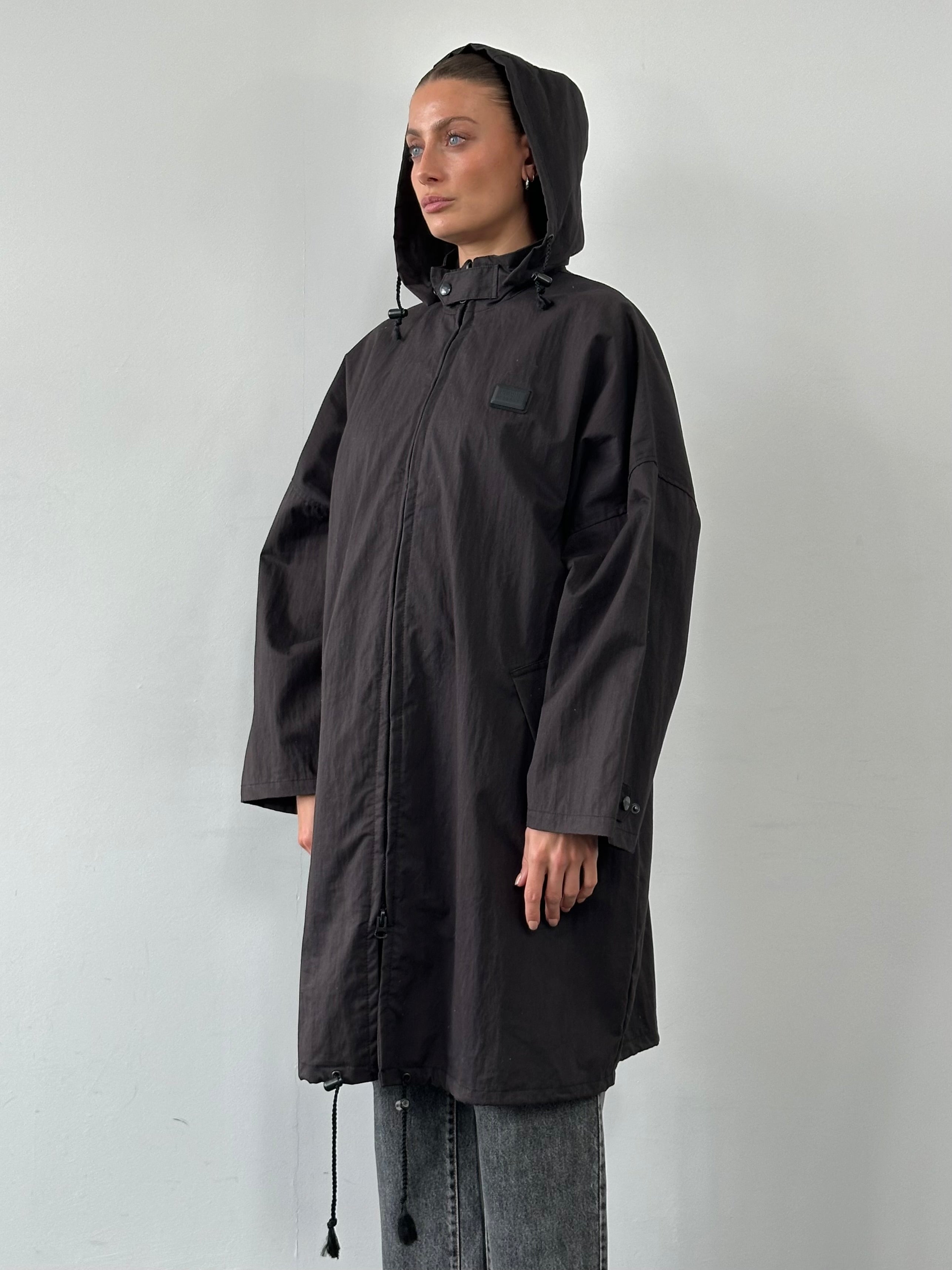 Gianfranco Ferre crinkle hooded parka coat in XL, featuring a textured fabric, front zipper, and adjustable hood.
