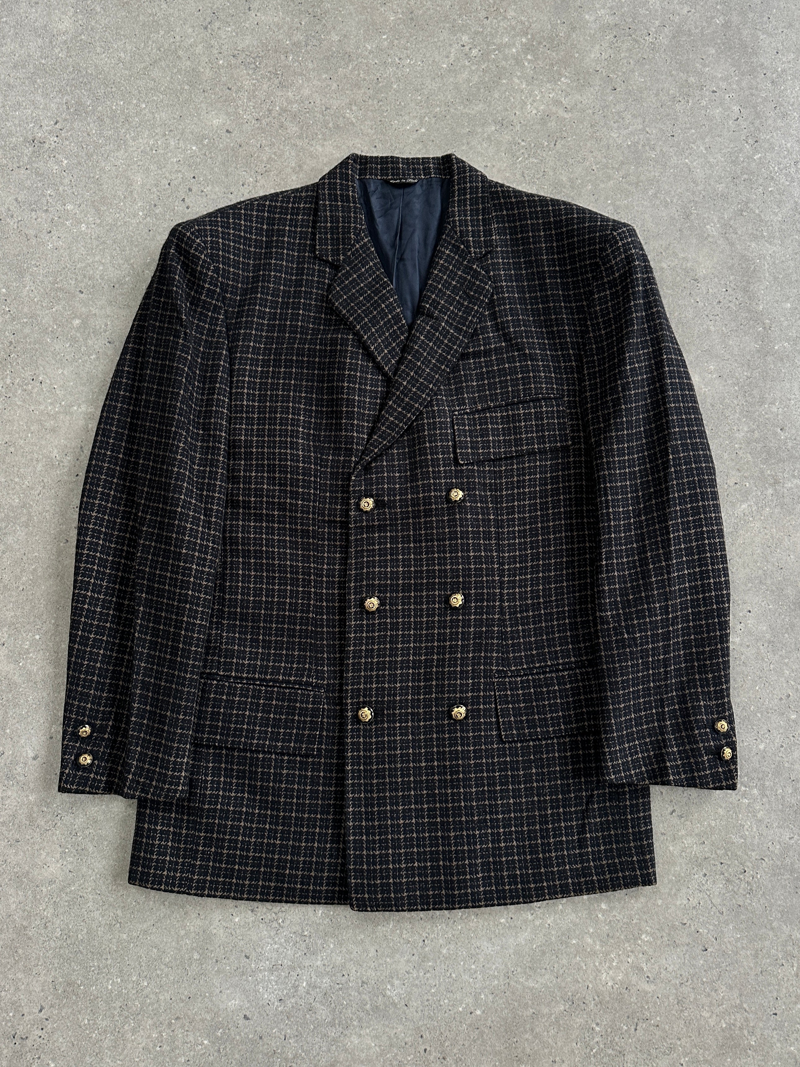 Gianni Versace bespoke check blazer in cashmere wool, L/XL, featuring a tailored fit with buttons and a classic pattern.