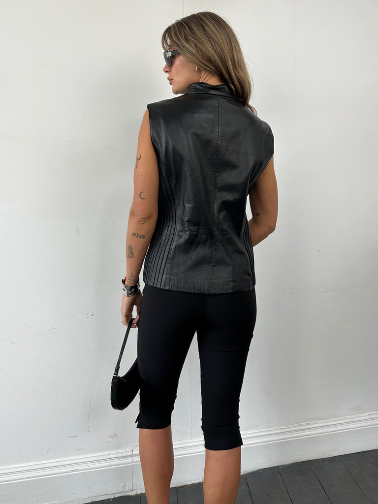 Vintage Leather Double Zip Pleated Vest Gilet Jacket - L - SYLK