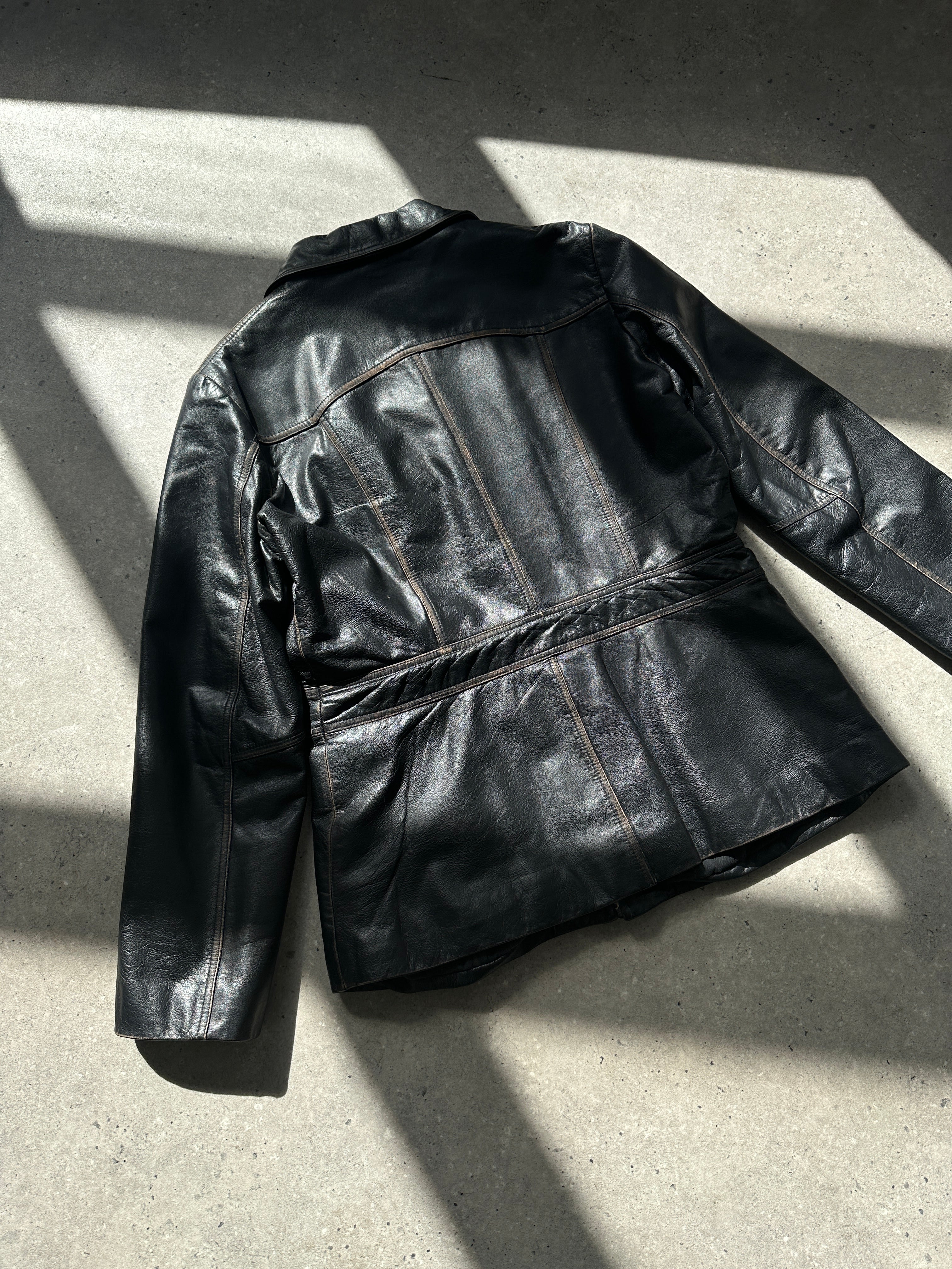 Conbipel double zip waisted leather jacket for women, featuring sleek design and front zippers, in black leather.