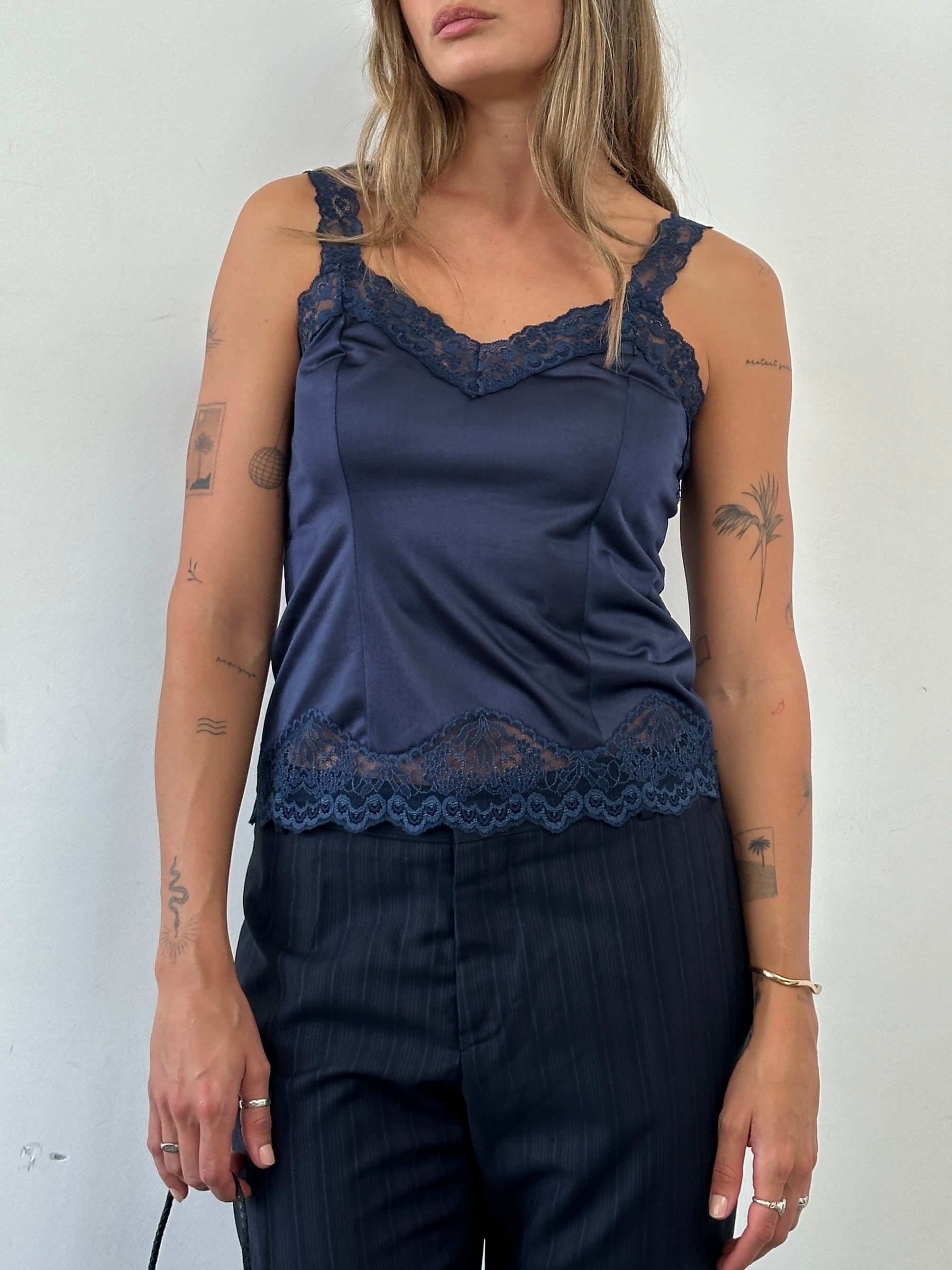 St Michael 90s satin lace cami top in XS, featuring delicate lace details and a smooth satin finish, perfect for stylish casual wear.