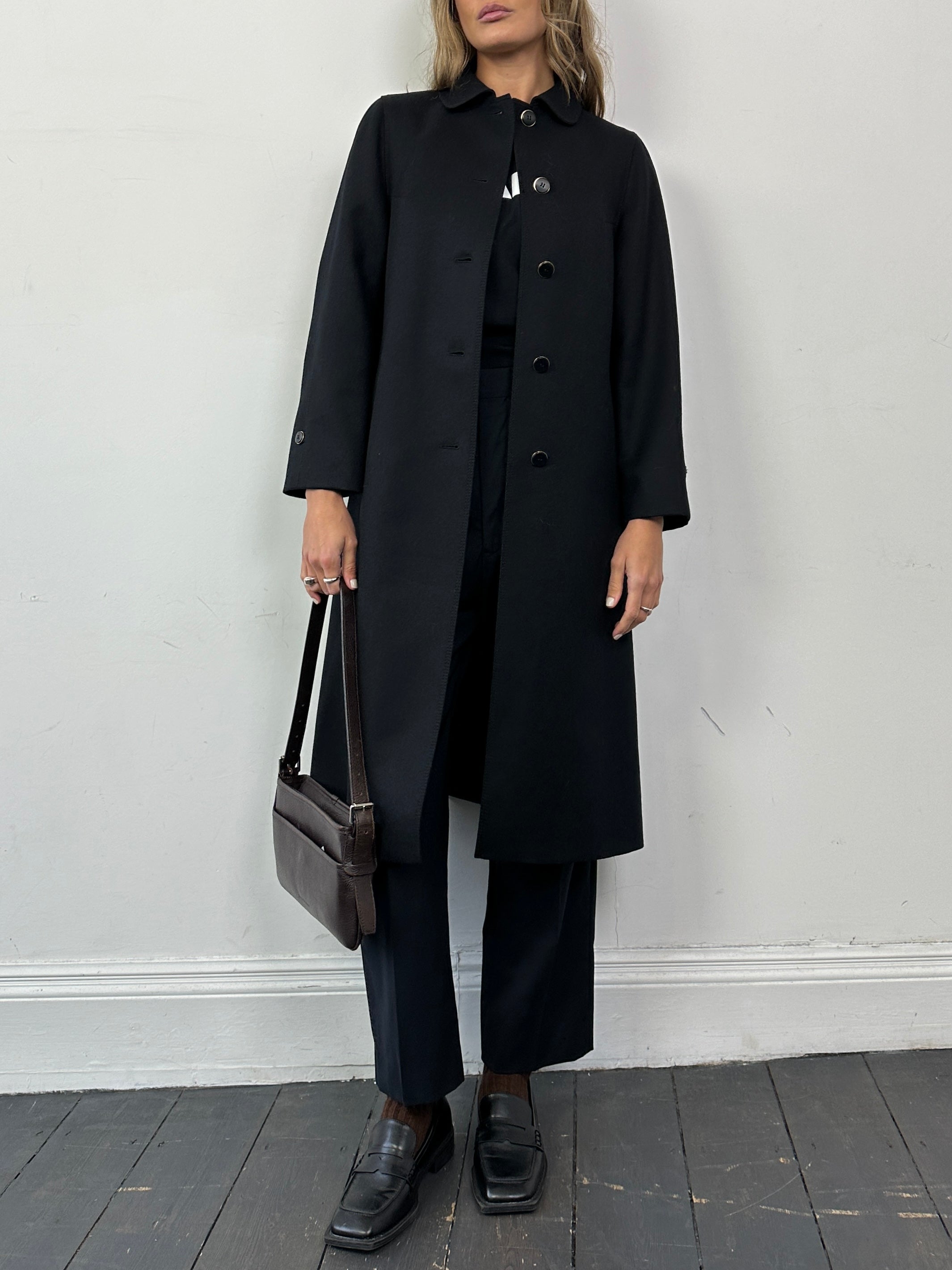 Vintage pure wool single-breasted A-line coat in size S, showcasing classic design and textured fabric in a vintage style.