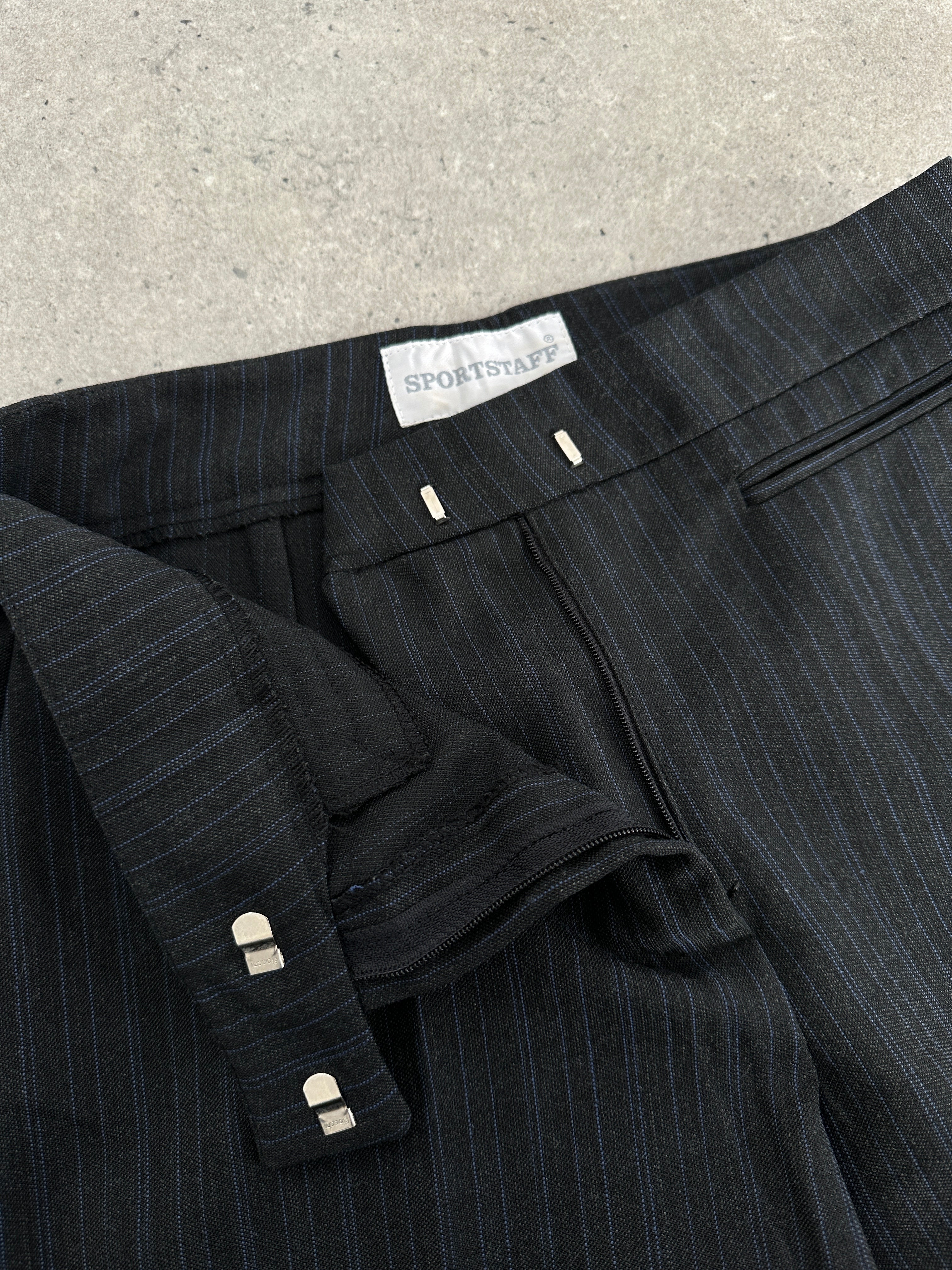 Vintage vintage stripe straight leg mid-wasted tailored trousers in W26, showing the classic pattern and tailored fit.
