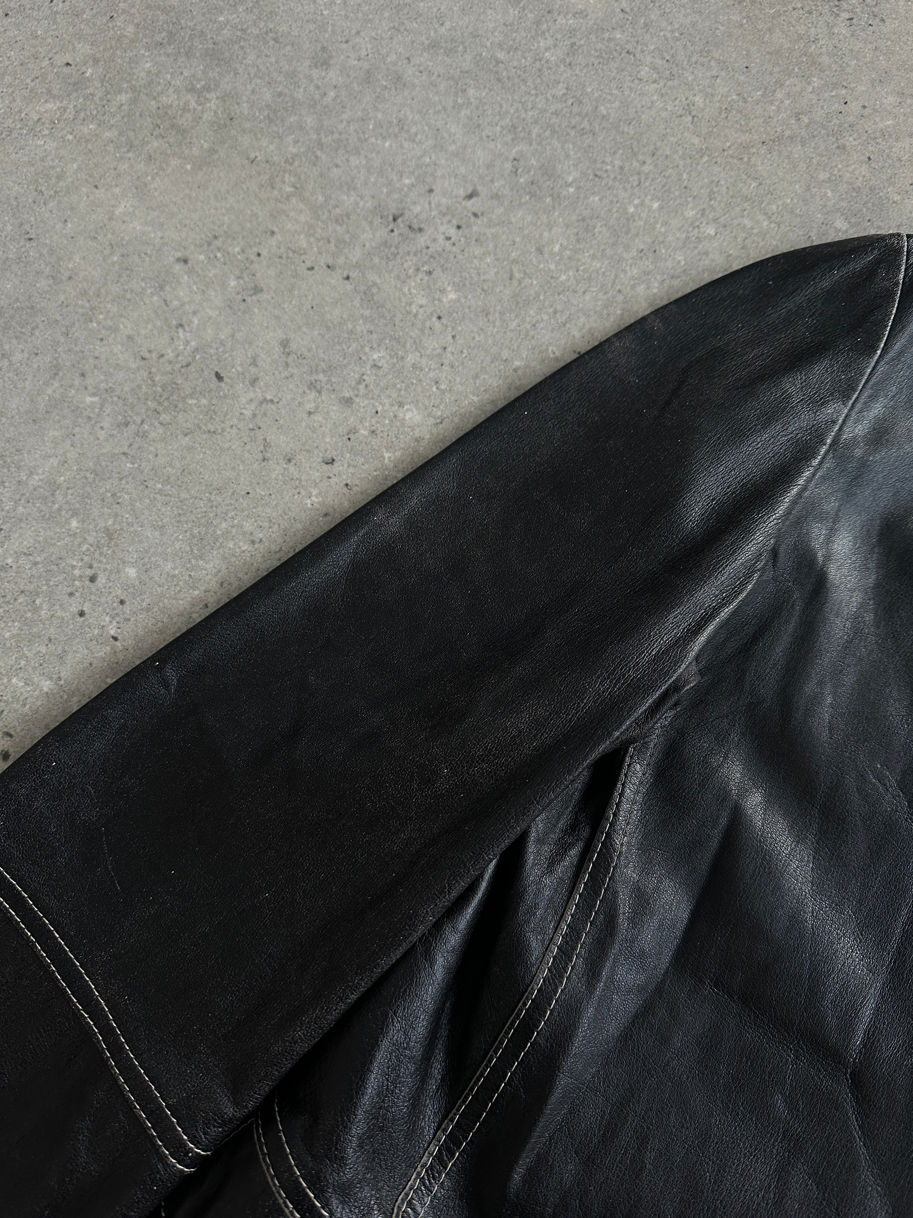 Marella contrast stitch leather jacket in size S, featuring stylish design and detailed stitching on the front.