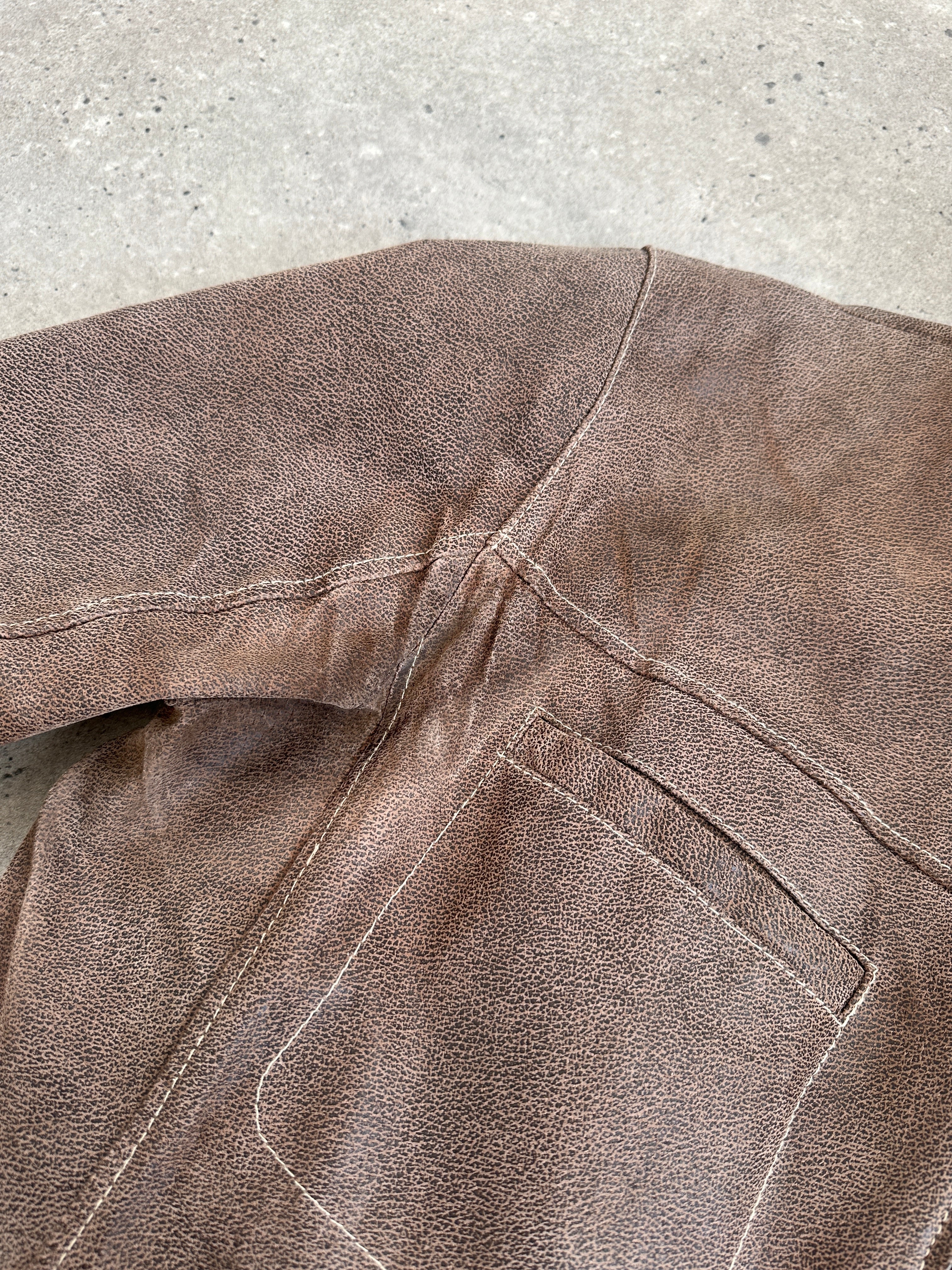 Vintage textured high neck leather jacket in XL, showcasing its stylish design and rich leather texture.
