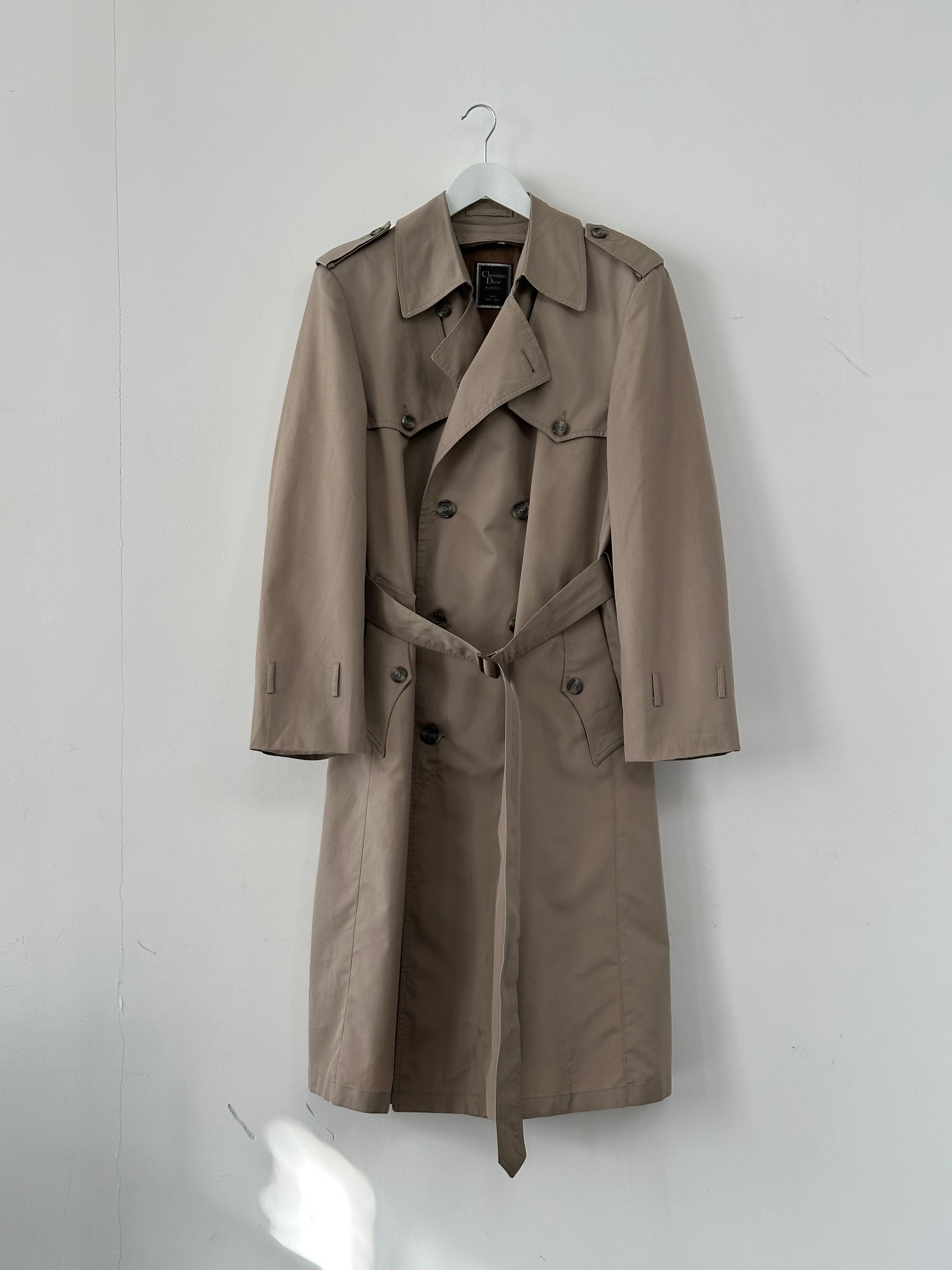 Christian Dior Monsieur cotton double-breasted belted trench coat in XL, showing beige fabric, collar, and button details.