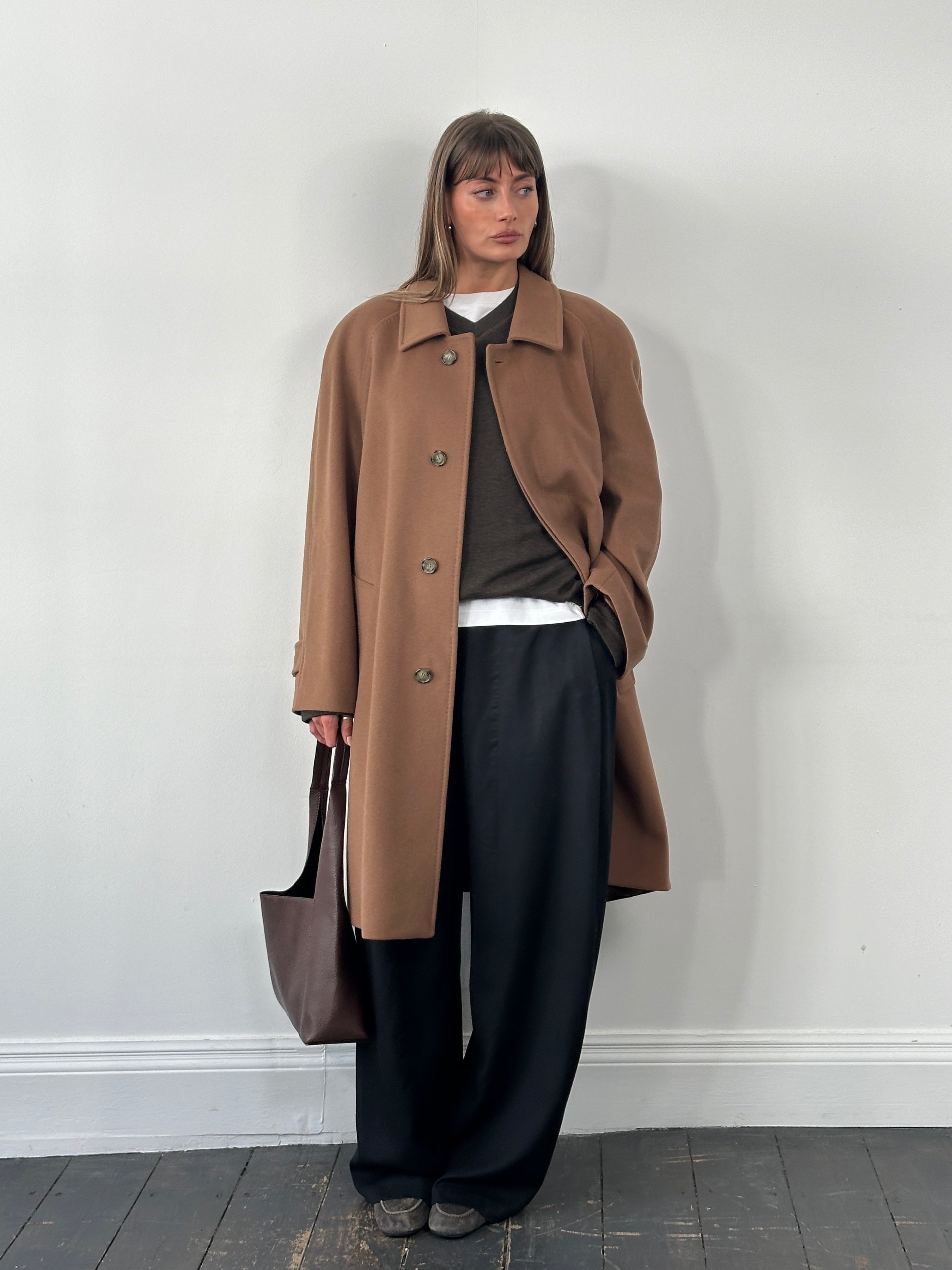 Vintage Italian 1990s wool cashmere belted coat in XL, showing classic tailored design and textured fabric in a neutral color.