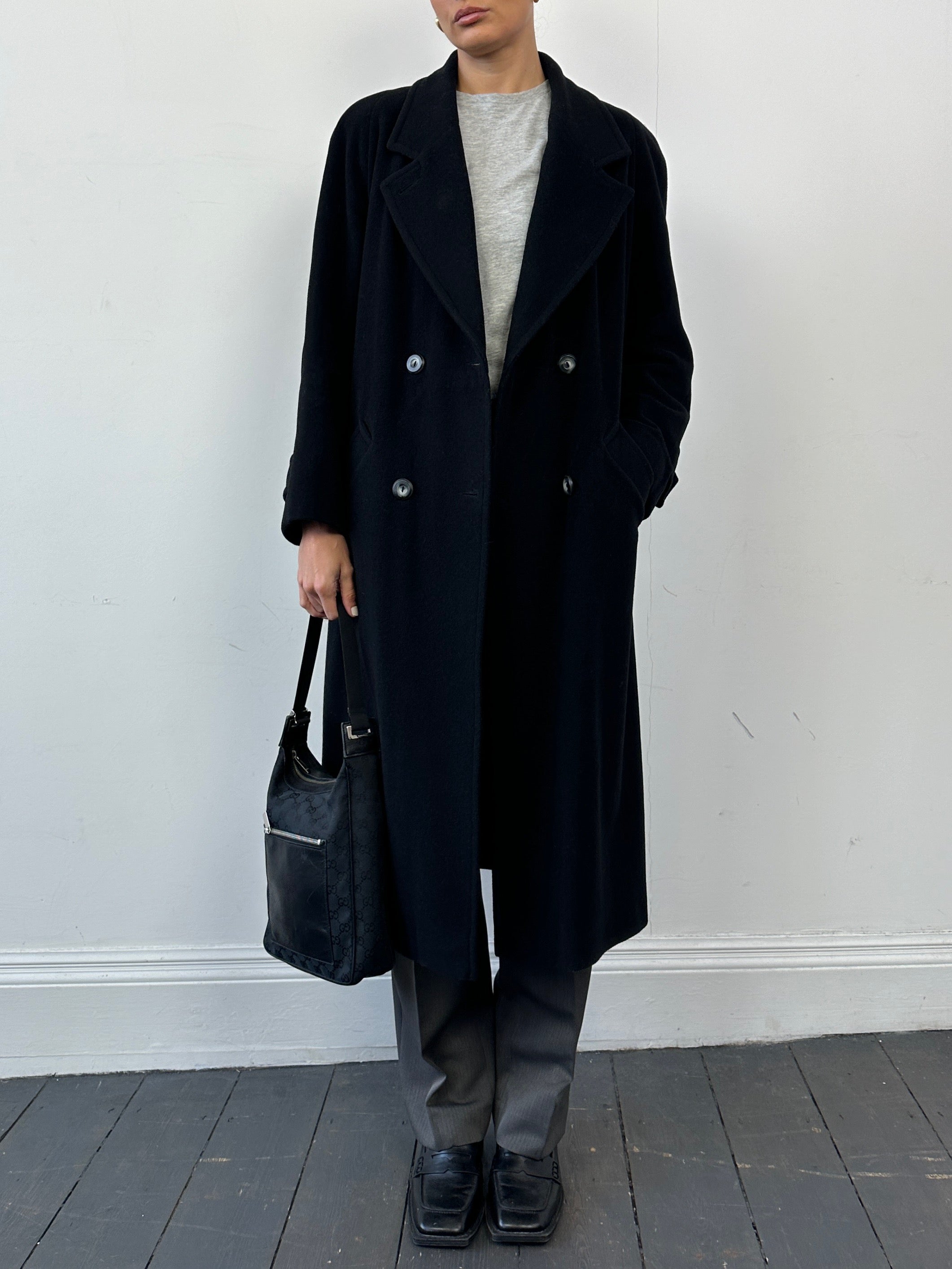 Vintage wool and cashmere double-breasted coat in size small, featuring a classic design and warm, textured fabric.