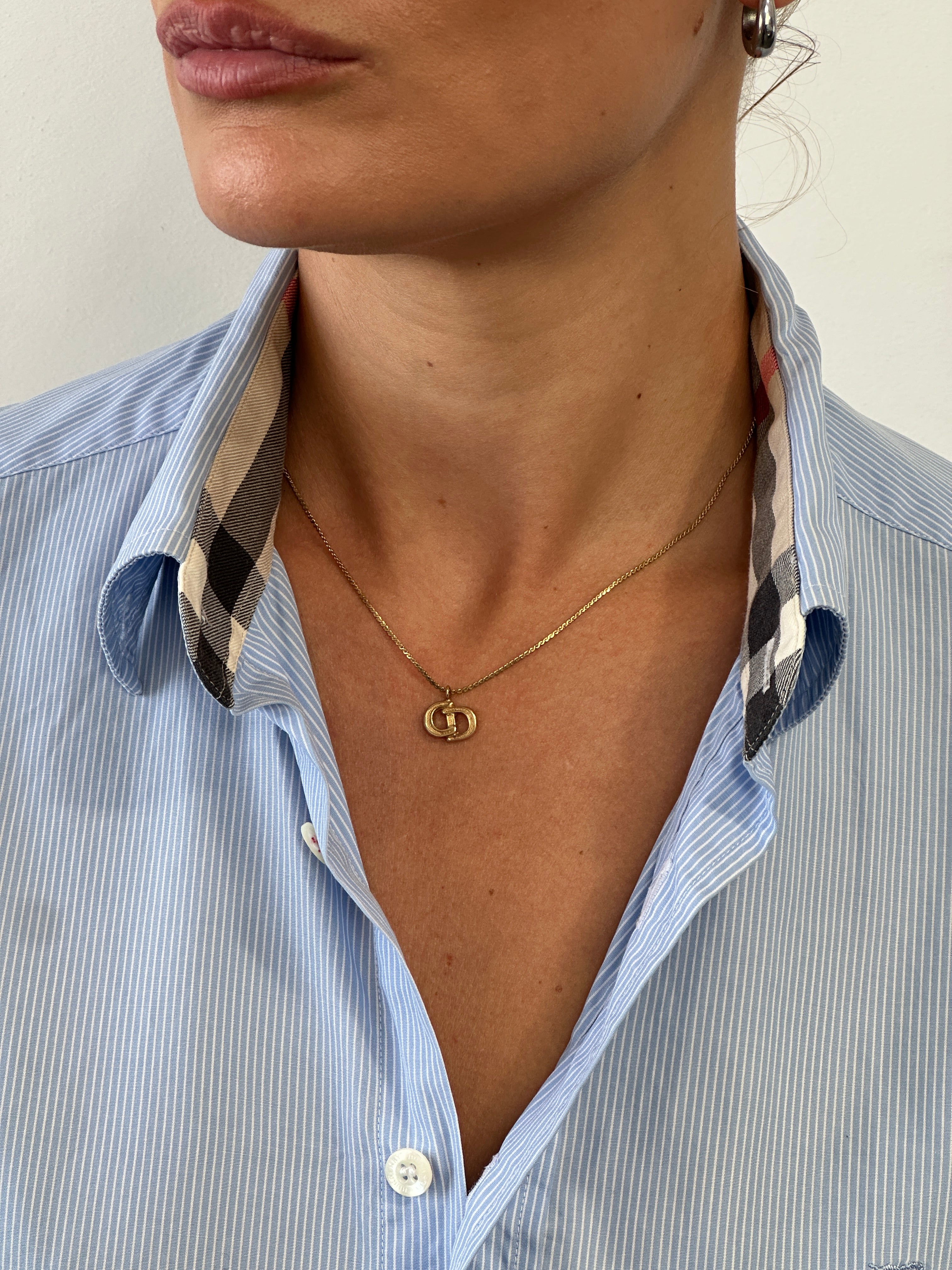 Christian Dior 1990s gold plated CD logo pendant necklace, 16-inch chain with iconic designer jewelry.