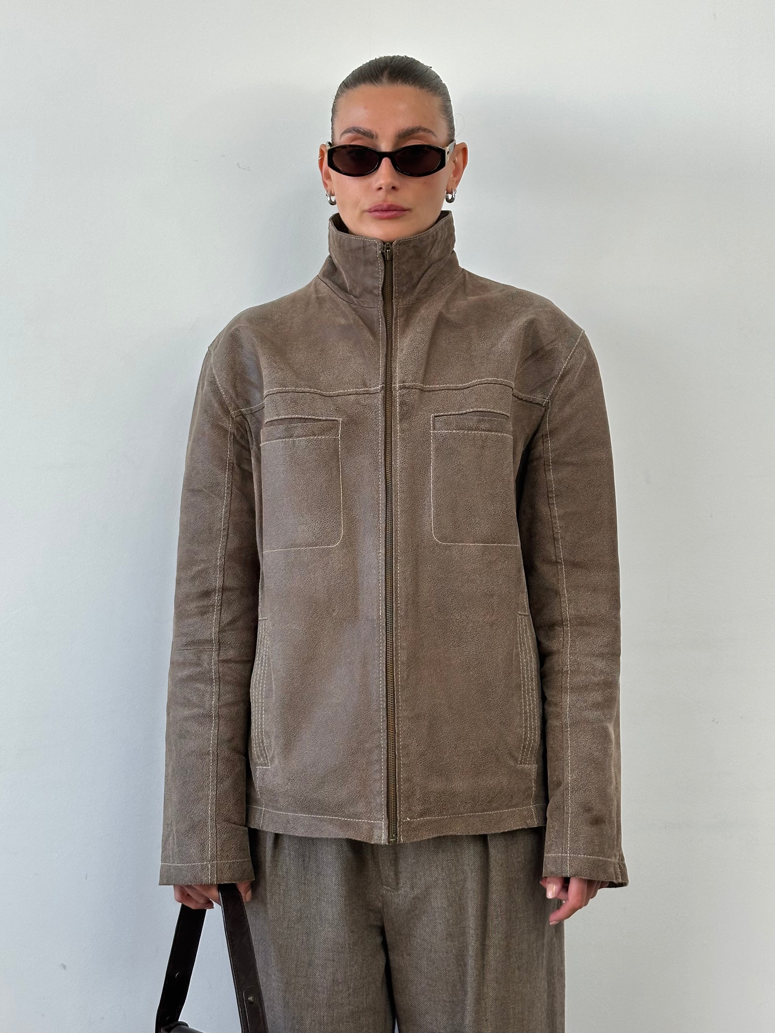 Vintage textured high neck leather jacket in XL size, featuring a stylish design with a rich leather finish.