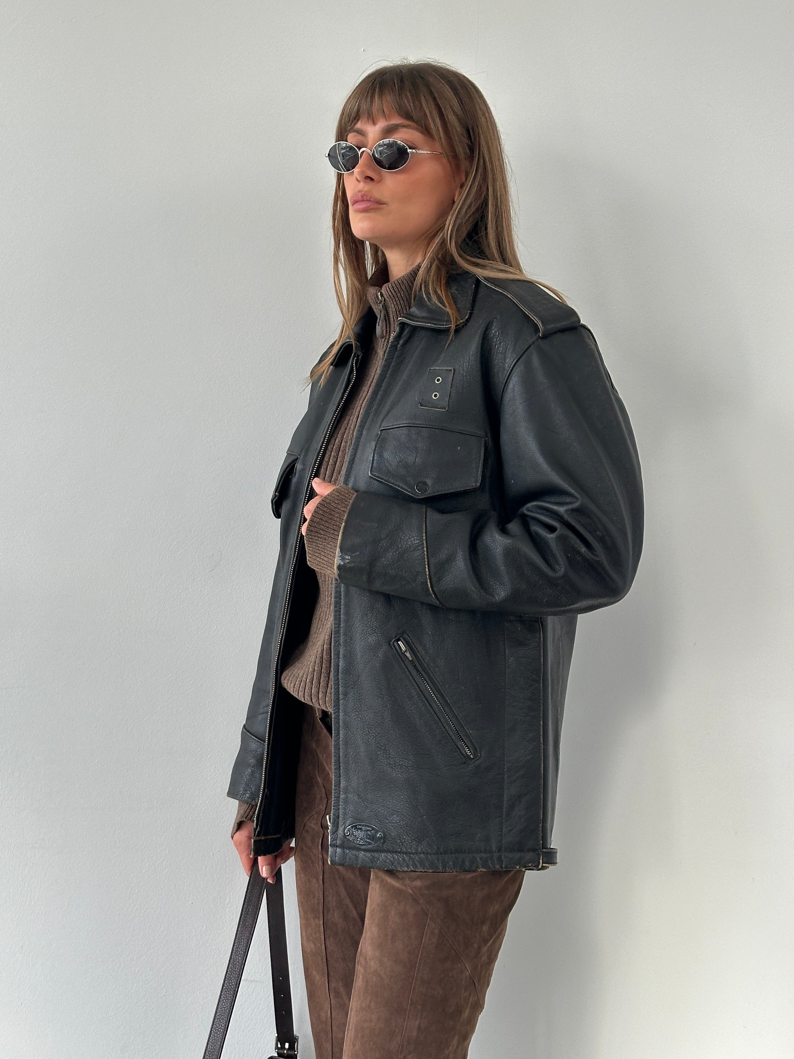 Vintage 1990s aged leather jacket, men's size M/L, with distressed brown leather and classic style.