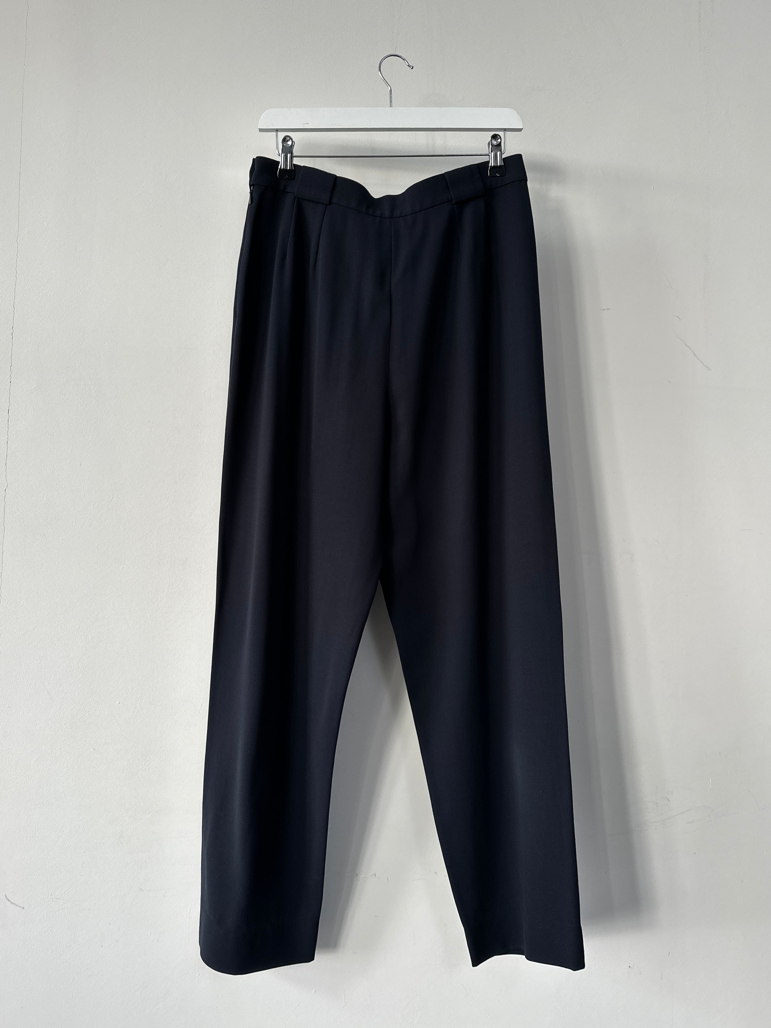Giorgio Armani 1990s high-waisted pure wool tapered trousers in W28, showcasing classic tailored design and elegant fit.