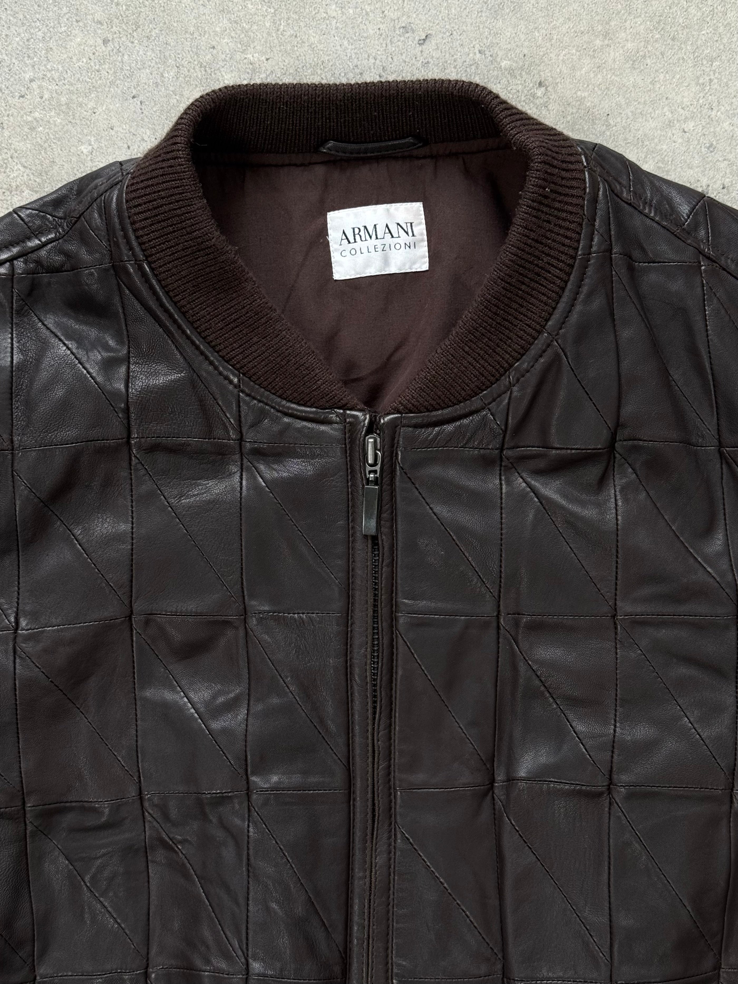 Armani Collezioni 2000s leather bomber jacket in black, stylish men's S/M size, featuring a classic design and sleek leather texture.