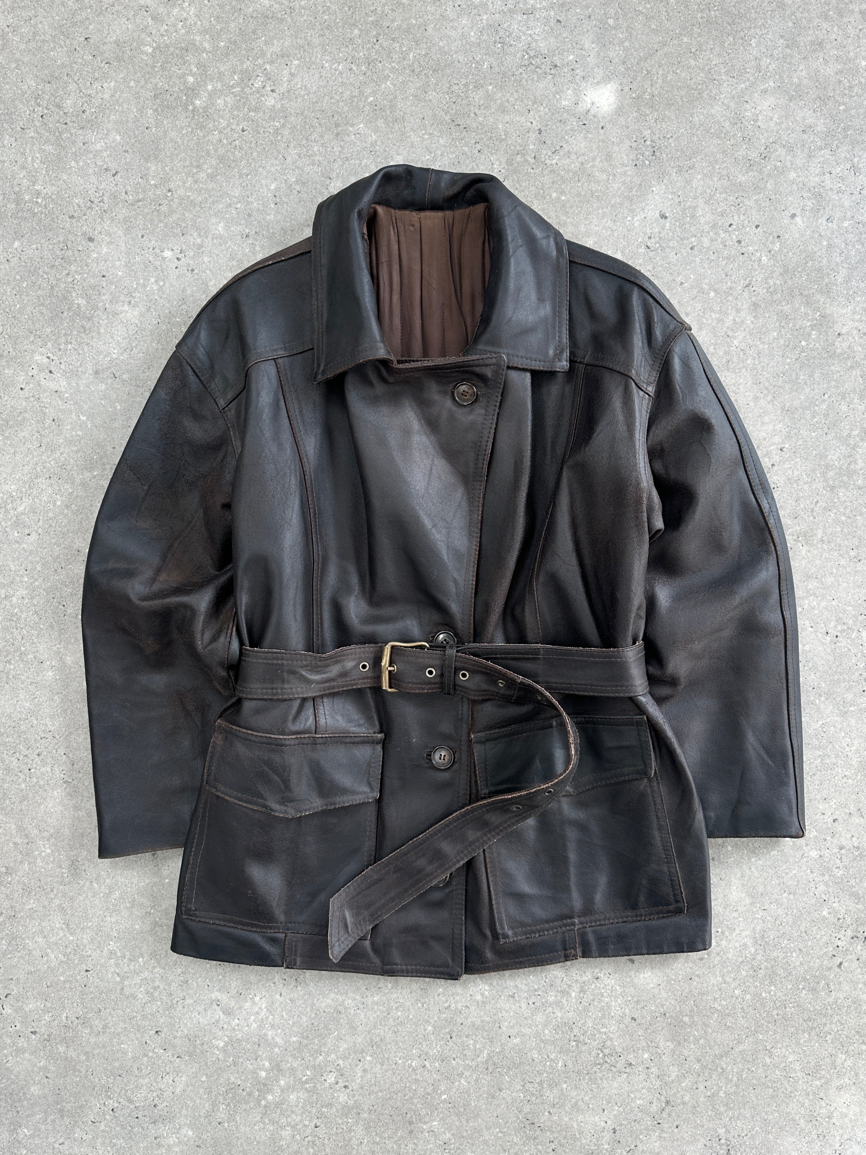 Vintage Italian 1980s belted leather jacket, men's size M, classic retro style with detailed stitching and authentic leather texture.
