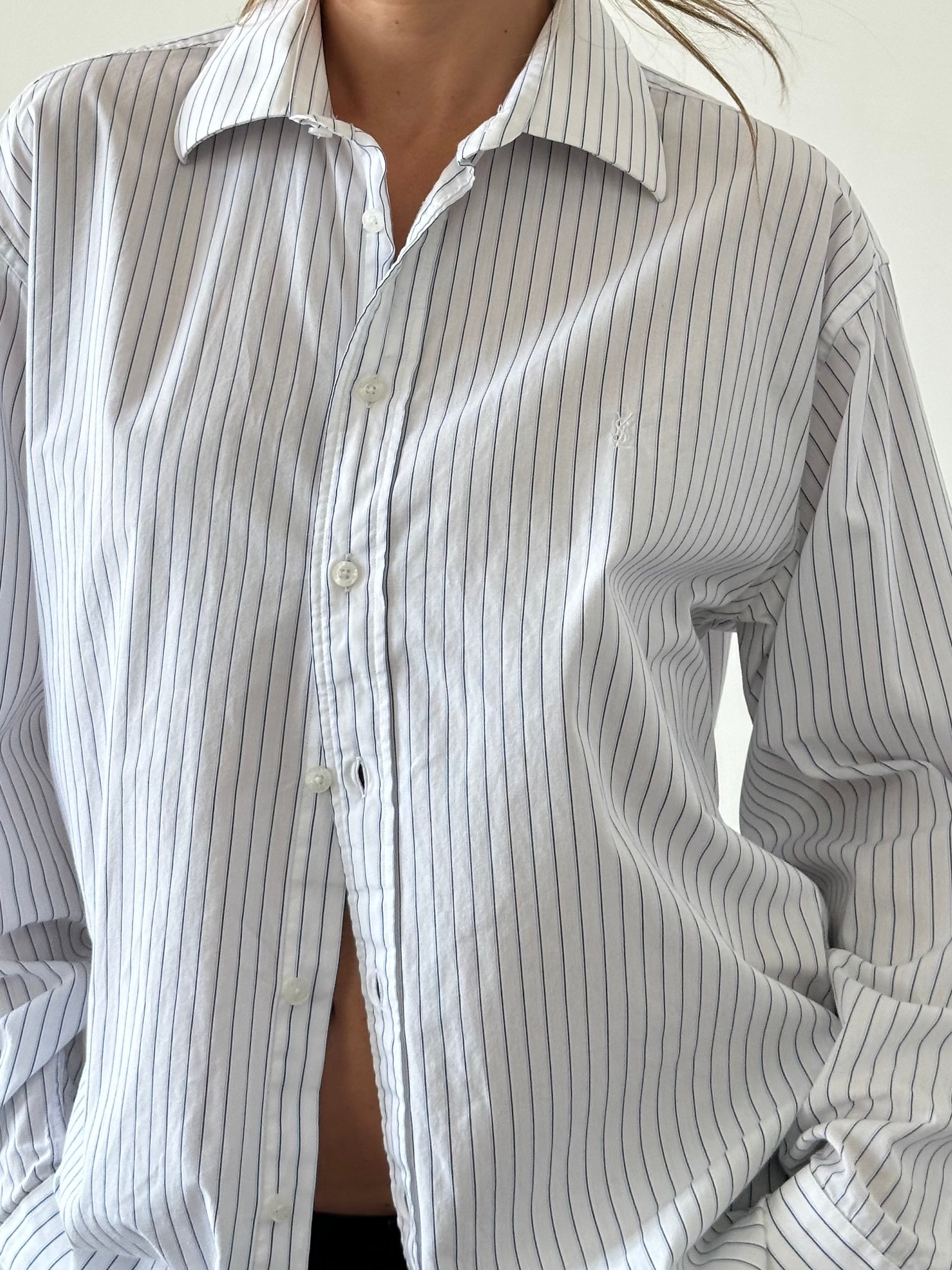 Yves Saint Laurent Pour Homme stripe cotton logo shirt in size L/XL, featuring a stylish design with the brand’s logo.