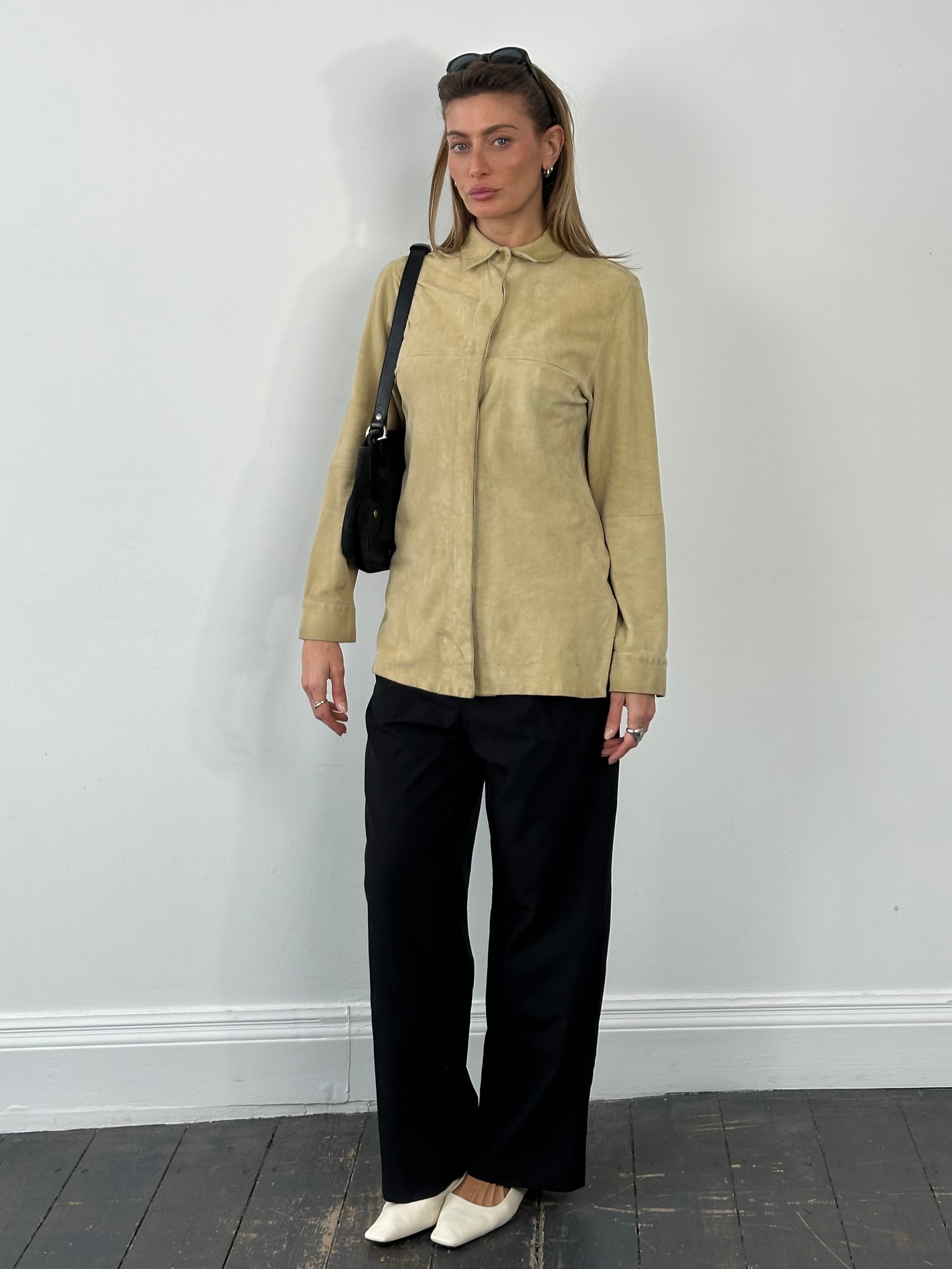 Marella 1990s suede minimal shirt in size M, featuring a sleek design and soft suede fabric.