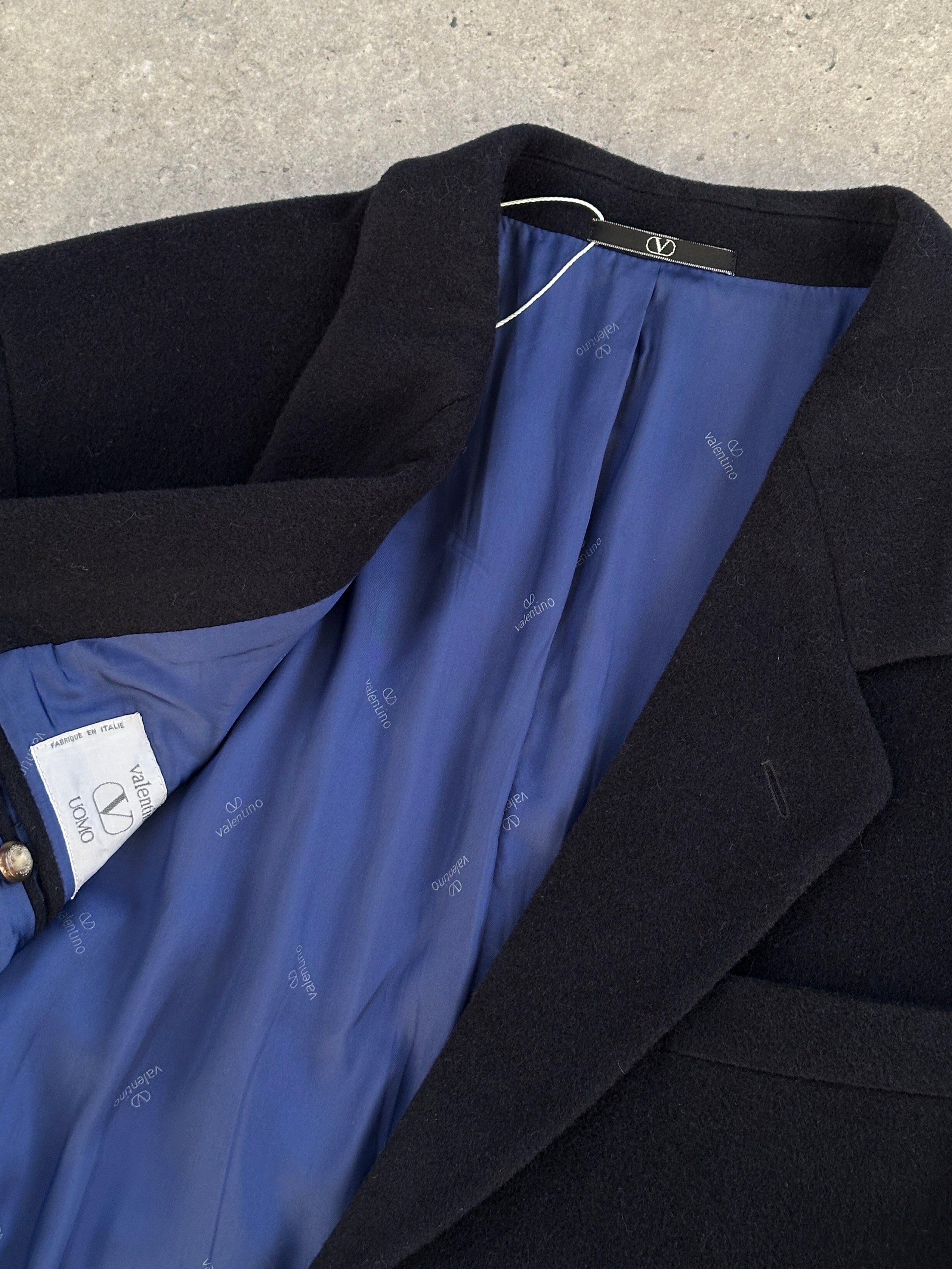 Valentino brushed pure wool bespoke button blazer in size 44R/XL, shown in classic tailored fit with front buttons and notch lapel