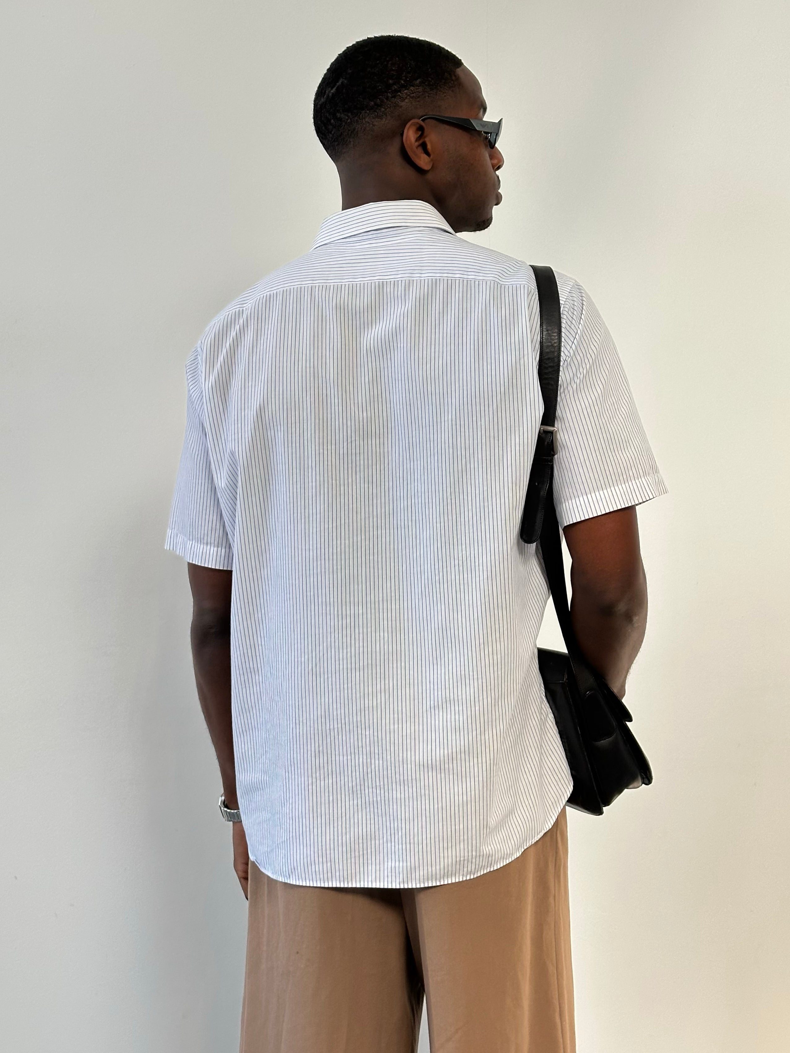 Christian Dior 1990s pure cotton striped short sleeve shirt in XL, showing classic design and bold vertical stripe pattern.