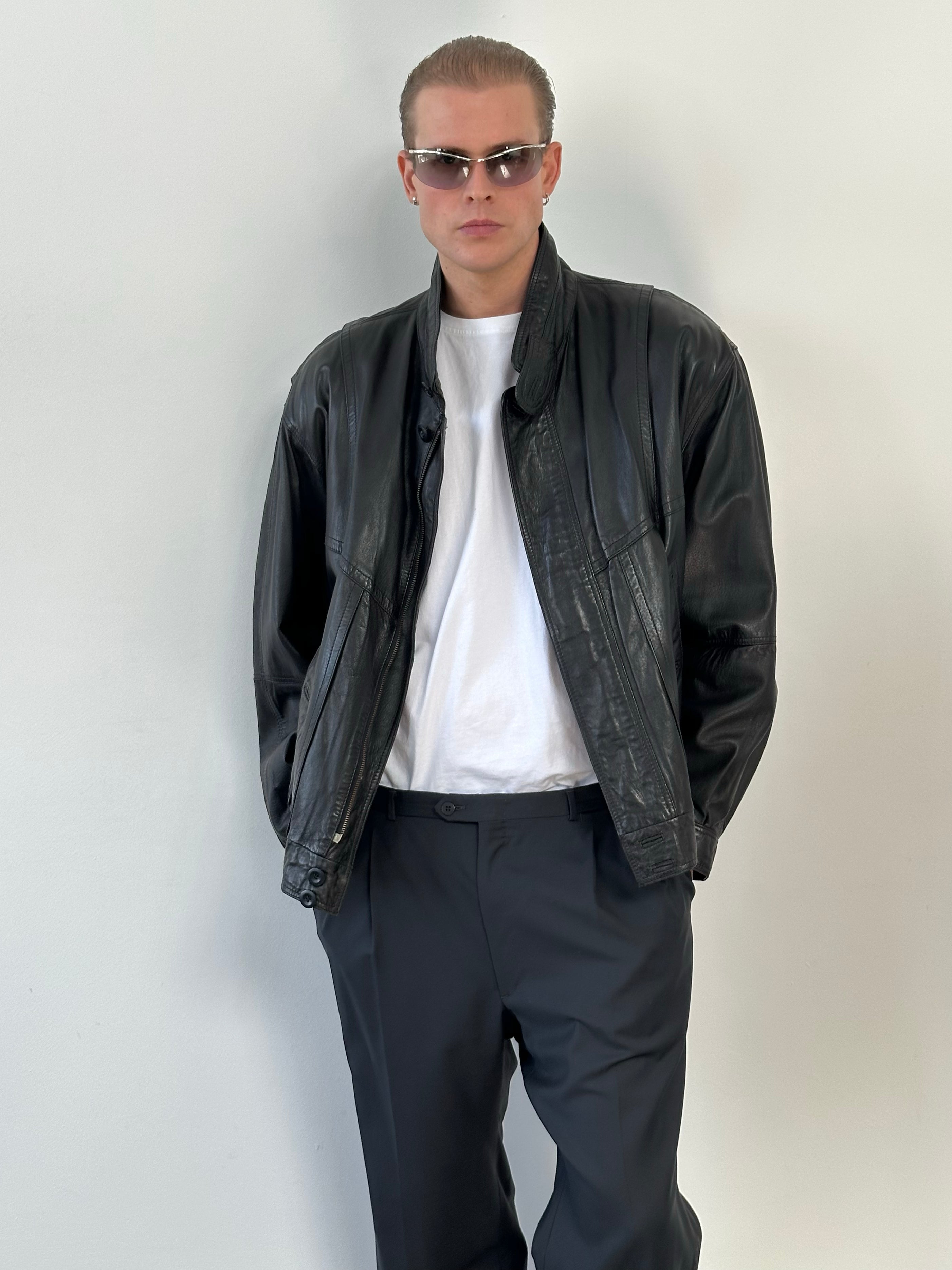 Vintage 1990s High Neck Leather Blouson Bomber Jacket - L
