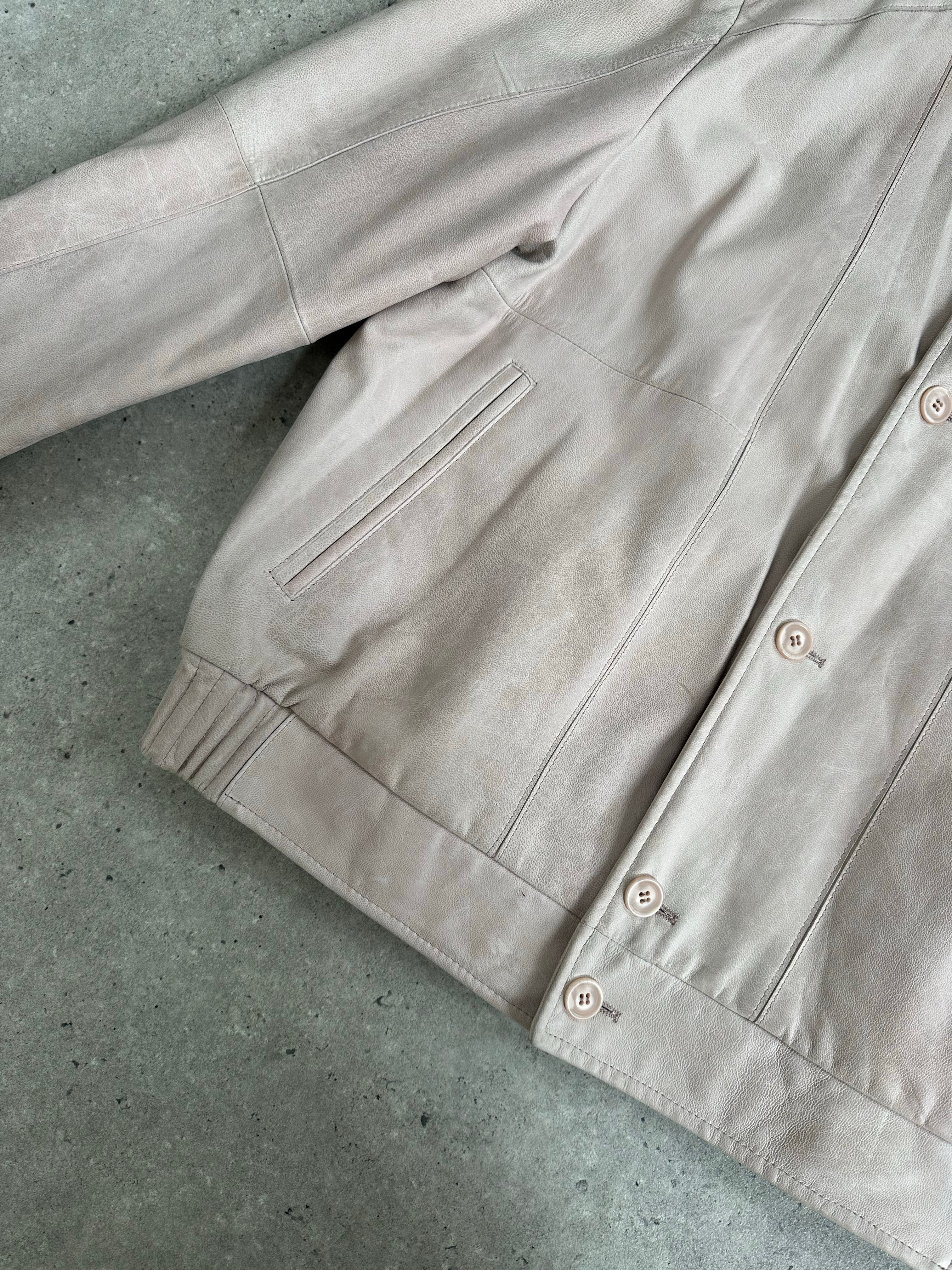 Vintage 1990s Leather Collarless Bomber Jacket - L/XL