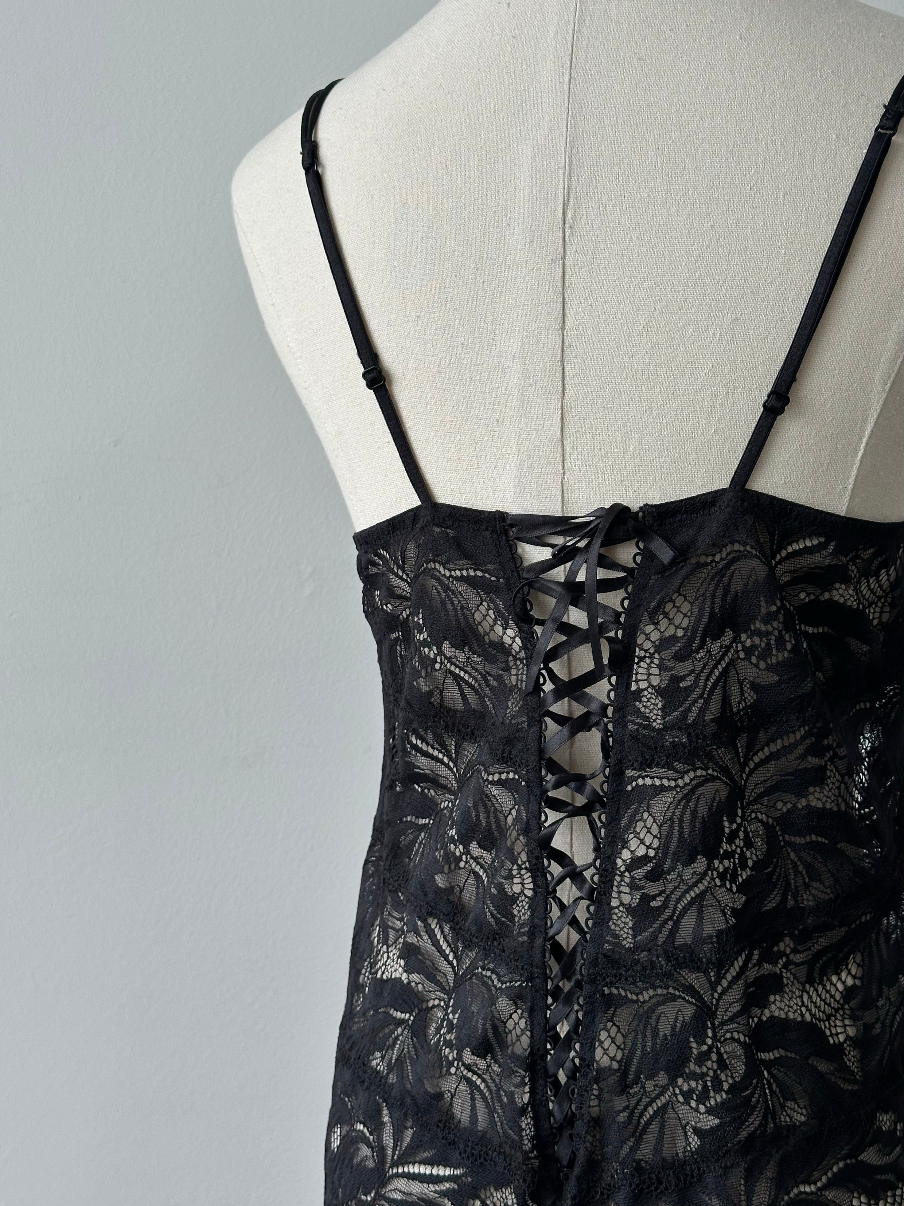 Vintage 1990s Sheer Lace Up Bodysuit - M