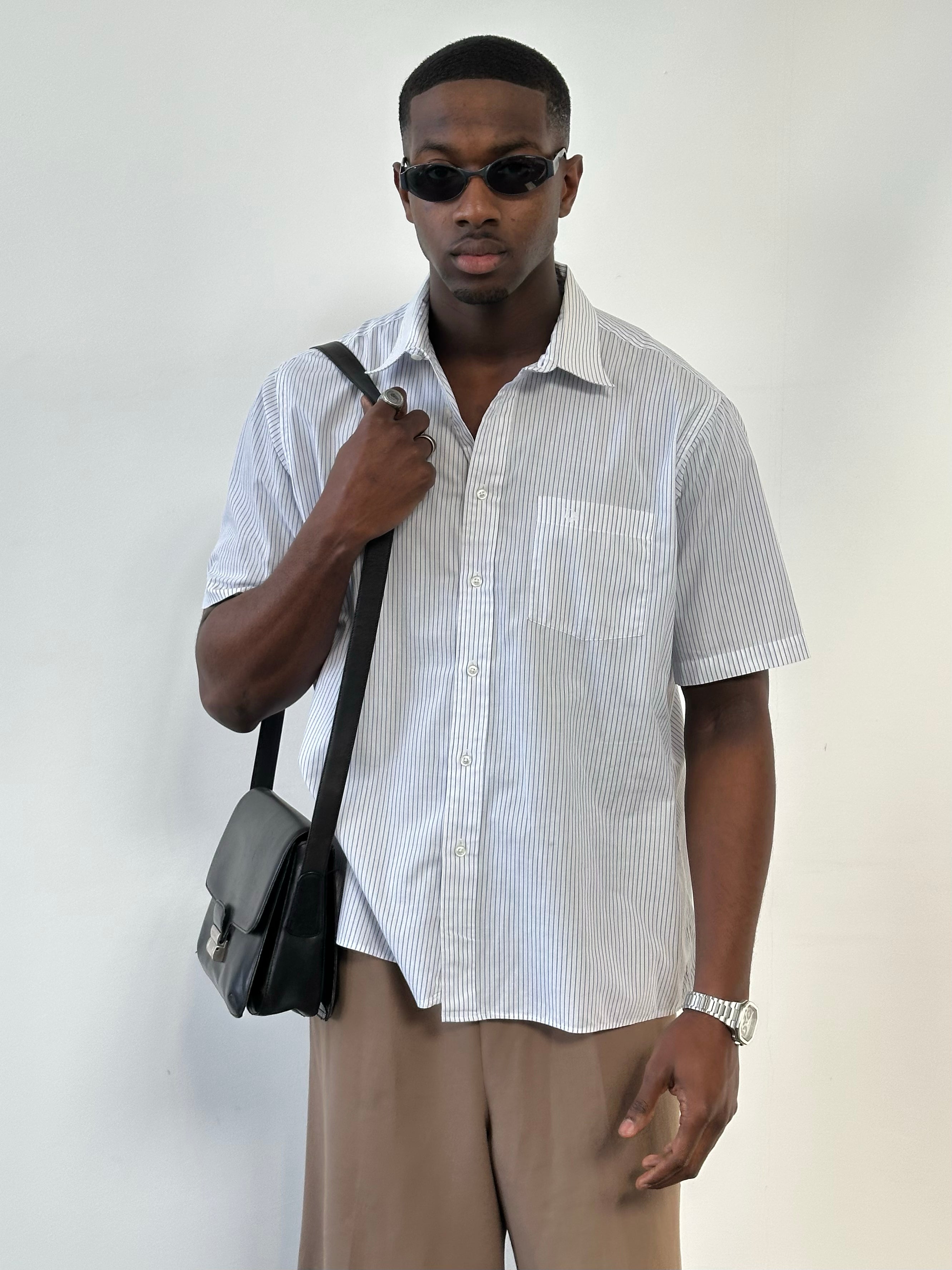 Christian Dior 1990s pure cotton striped short sleeve shirt in XL, featuring classic design and bold horizontal stripe pattern.