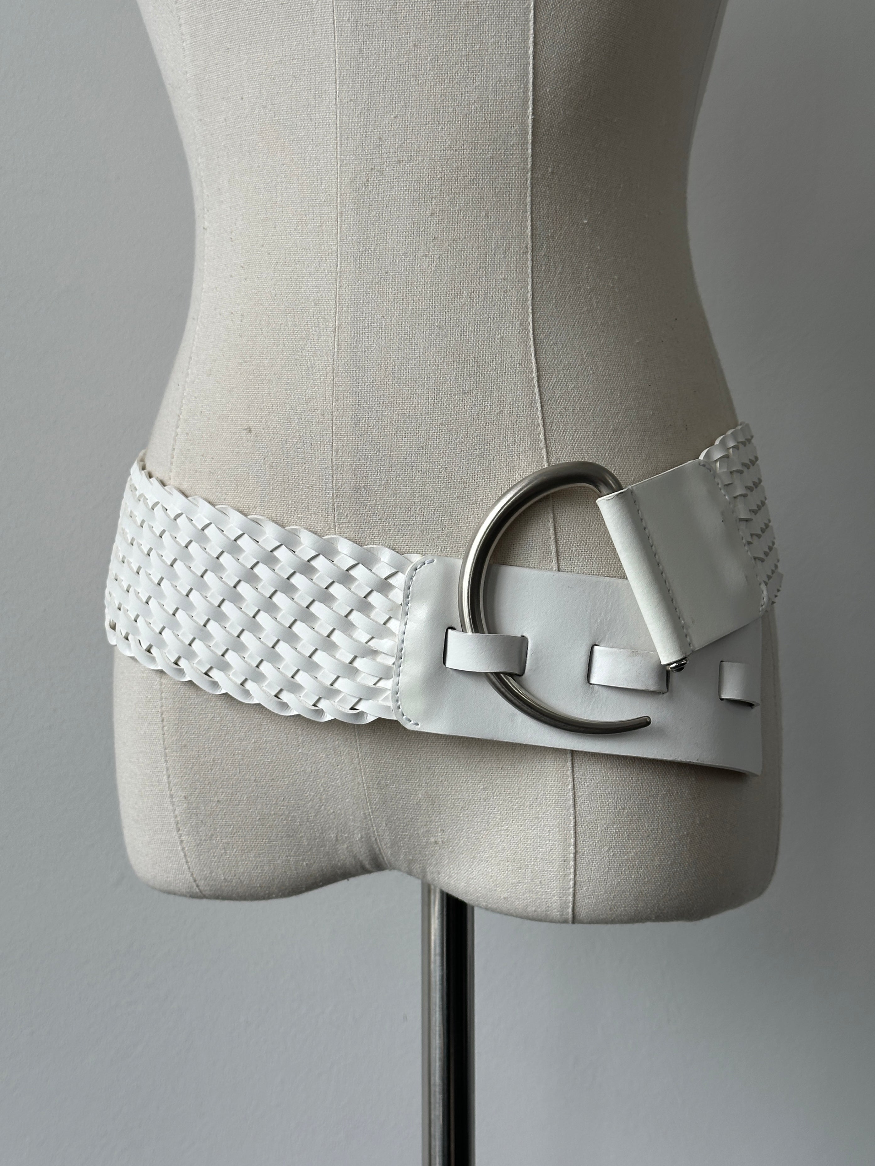 Vintage 1990s Leather Chunky D Ring Woven Belt - W40-43