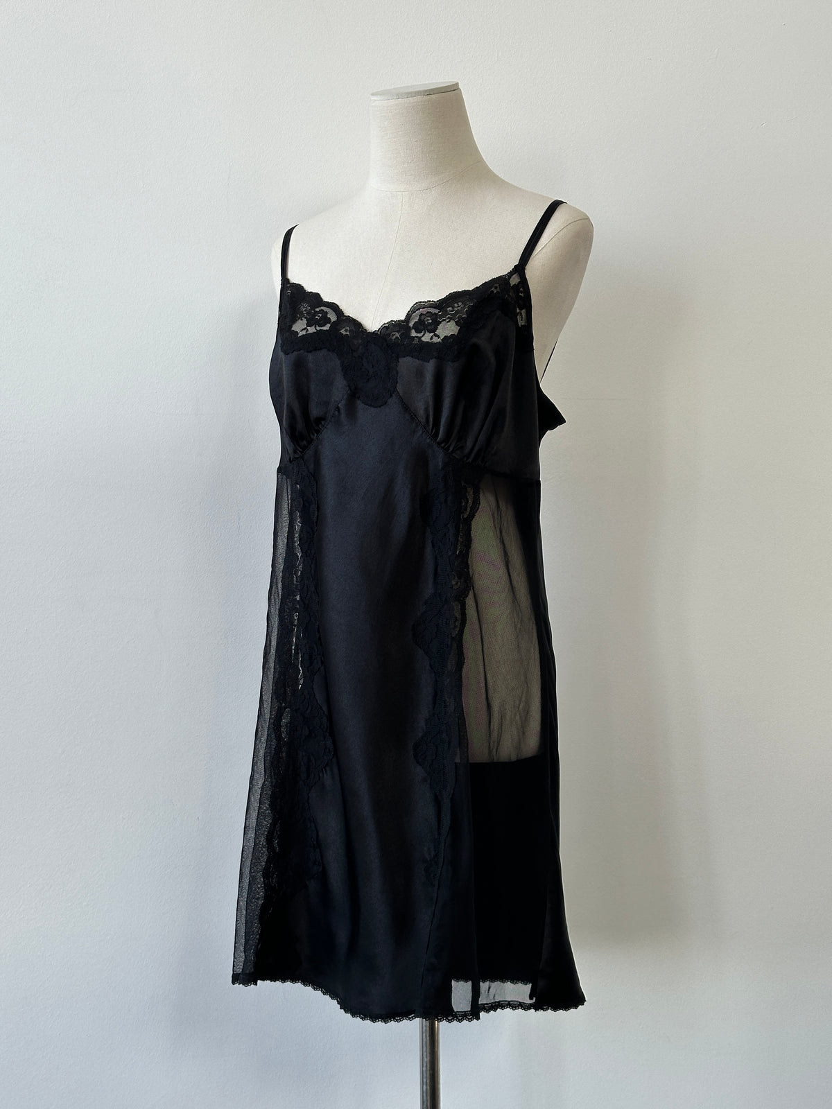 Vintage 1990s Satin Lace Sheer Mini Slip Dress - L