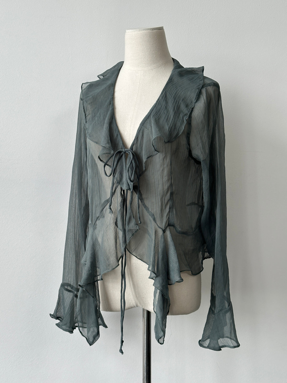 Vintage 2000s Sheer Tie Front Ruffle Top - M