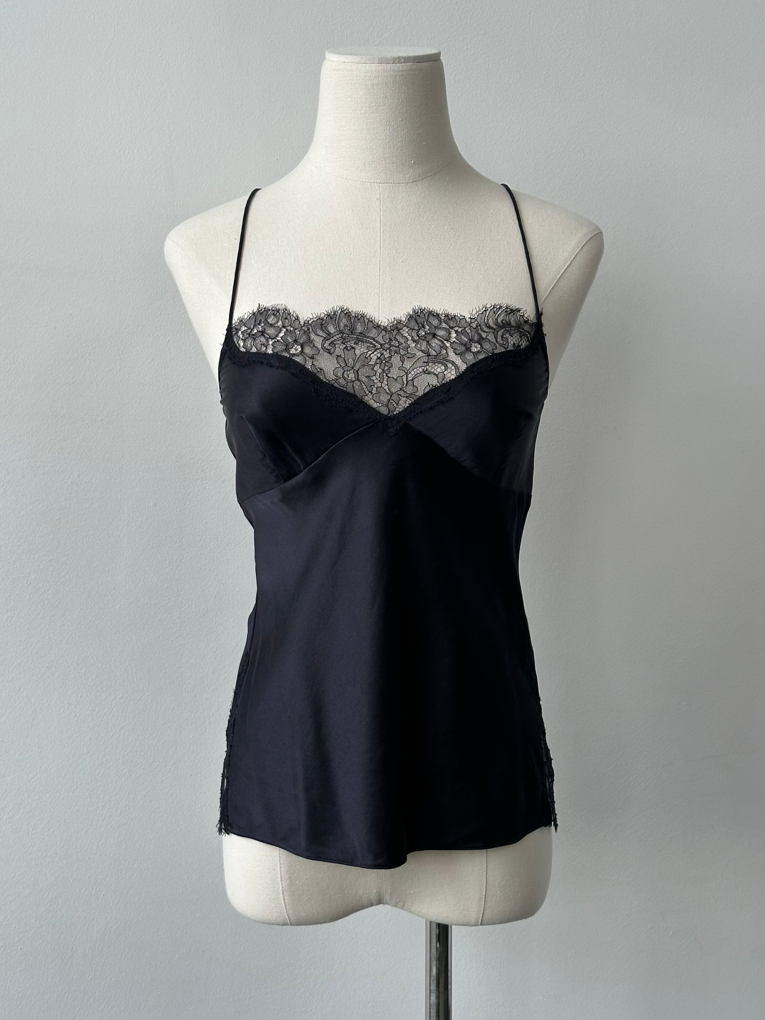 DKNY silk lace cami top in XS, featuring delicate lace details and smooth silk fabric, shown on a neutral background.
