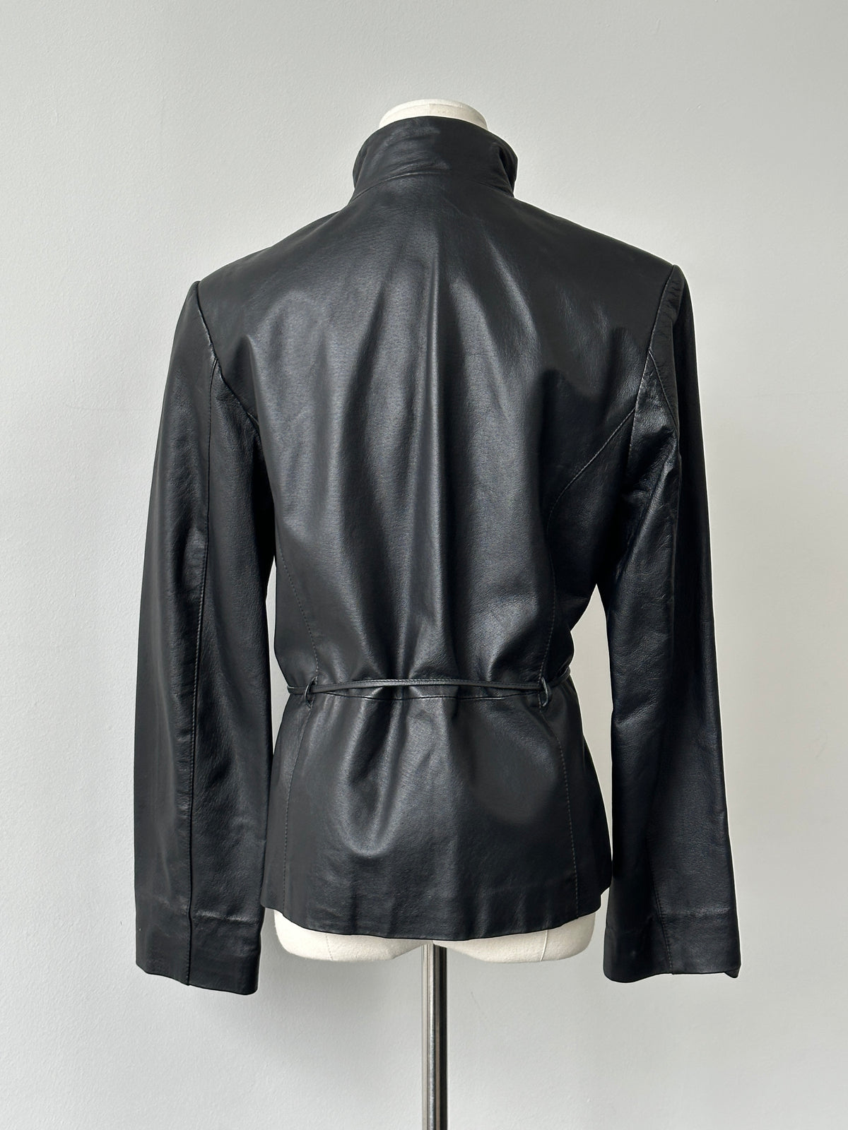 Vintage 2000s Tie Belt High Neck Leather Jacket -