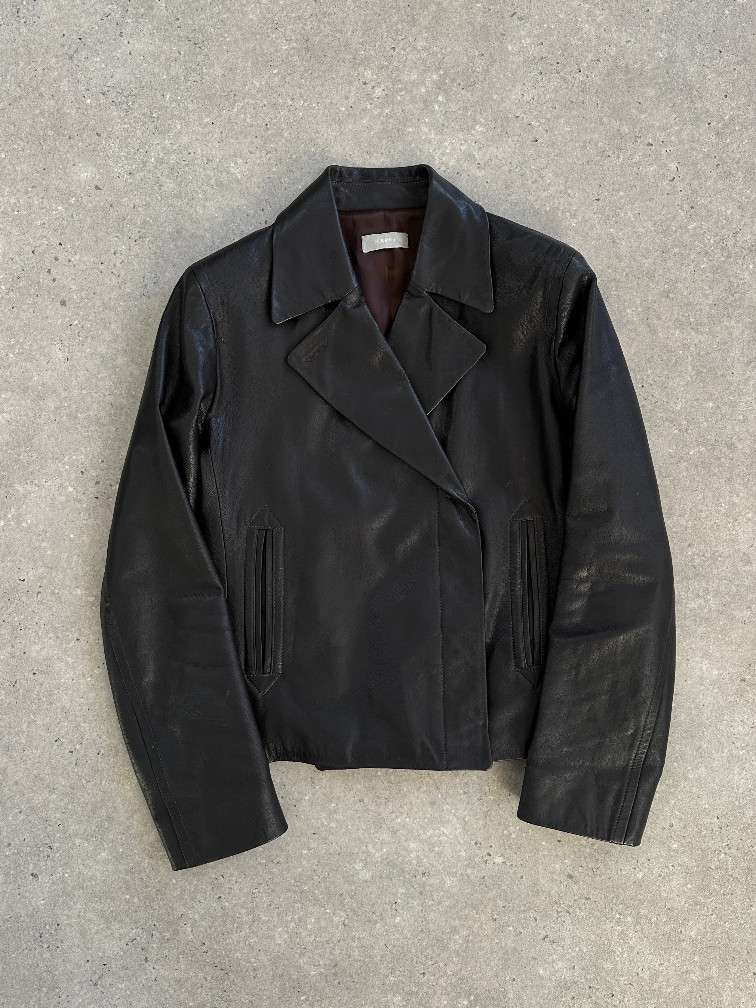 Nicole Farhi 1990s leather jacket in size S, stylish vintage brown leather jacket with classic design and tailored fit.