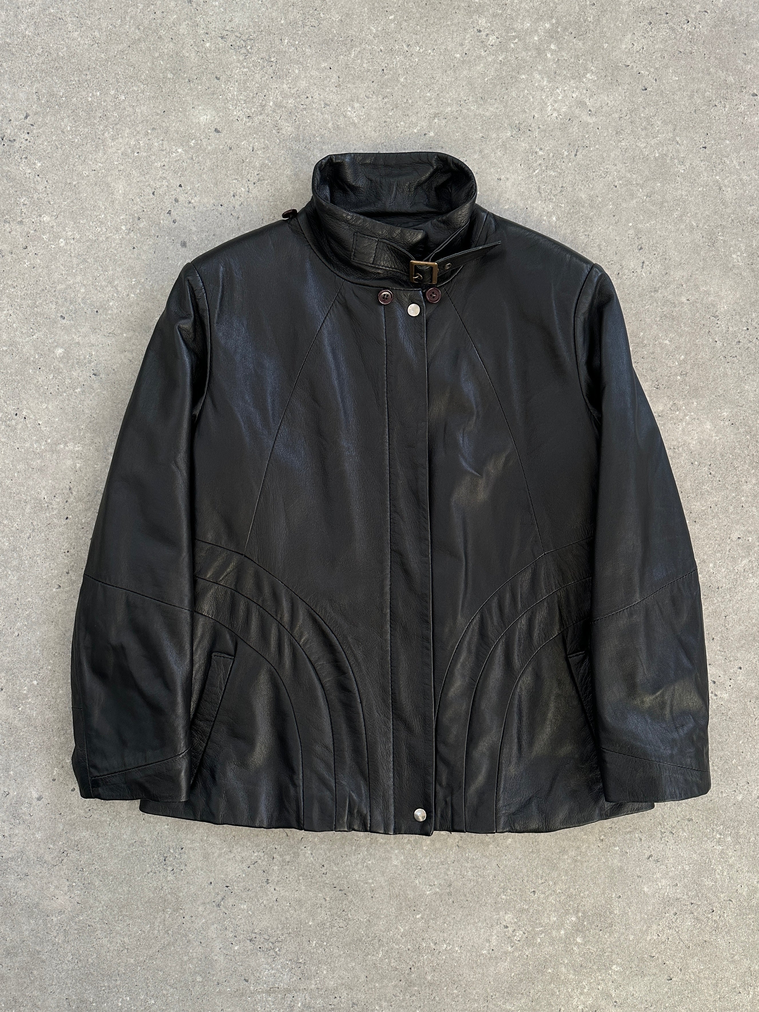 Vintage Italian 1990s high neck leather jacket, size M, showcasing classic design and rich leather texture.