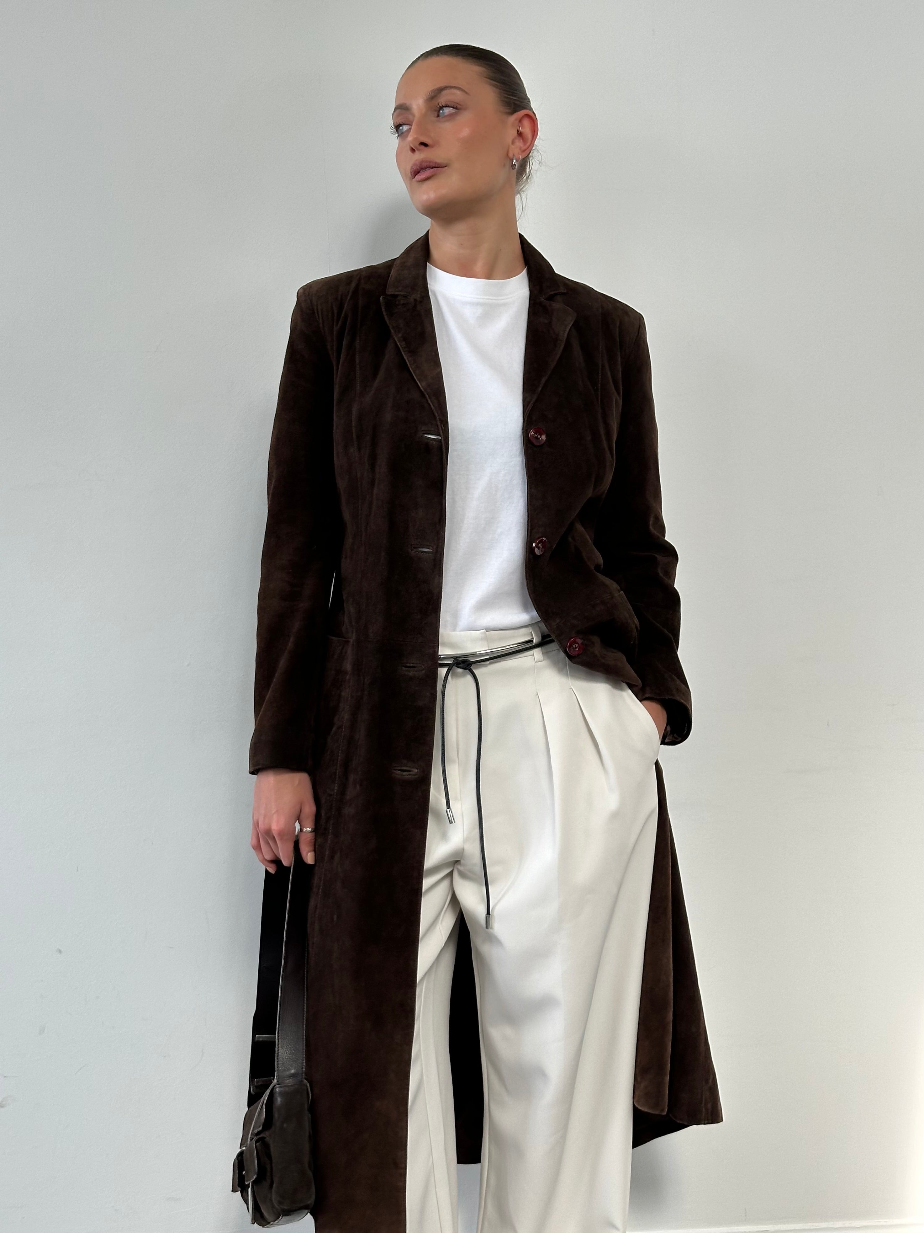 Vintage suede trench coat jacket in size small, stylish and classic outerwear with a timeless vintage design.