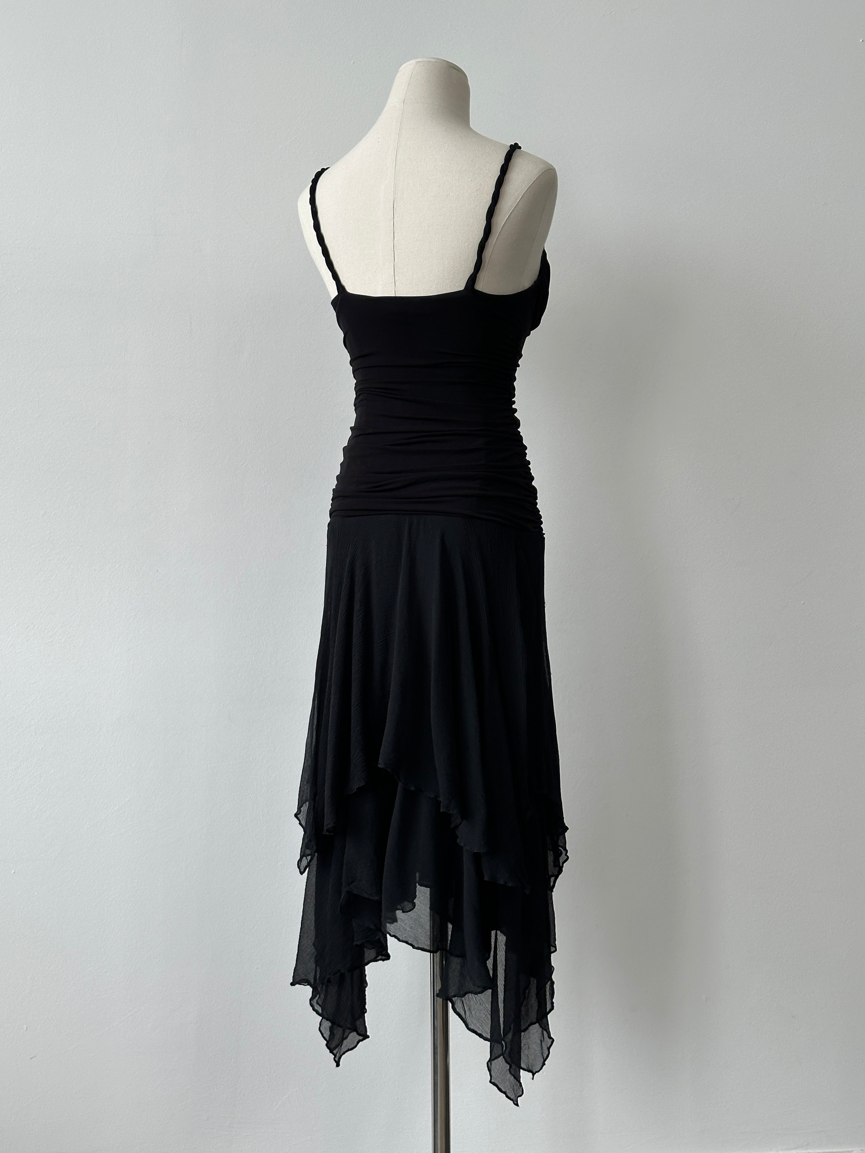 Elegant black silk midi dress by BCBGMAXAZRIA with a fitted silhouette, featuring a classic 2000s style, size small.