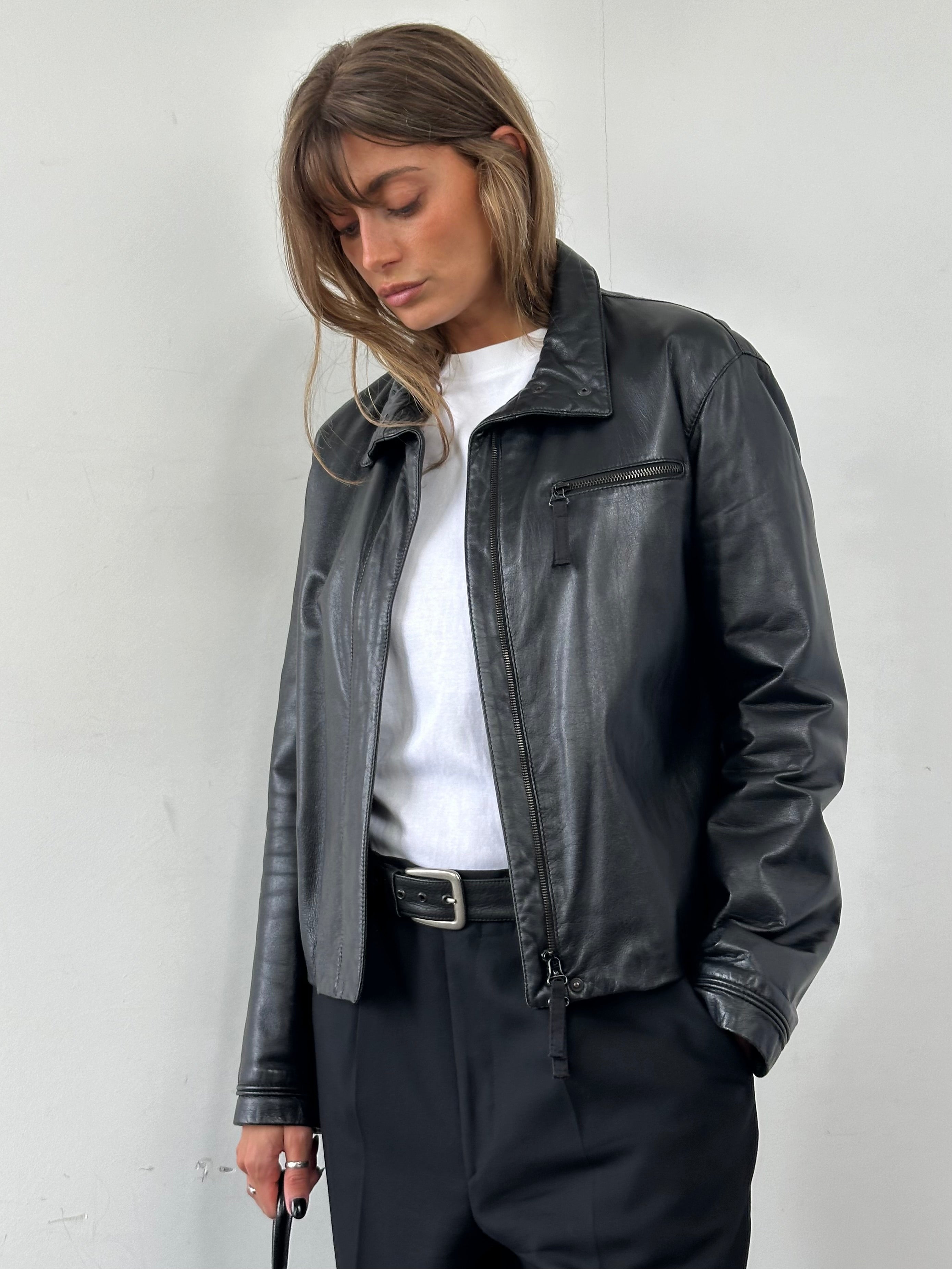 Armani Jeans double zip leather jacket for men, featuring a sleek black design with double front zippers and a classic fit.