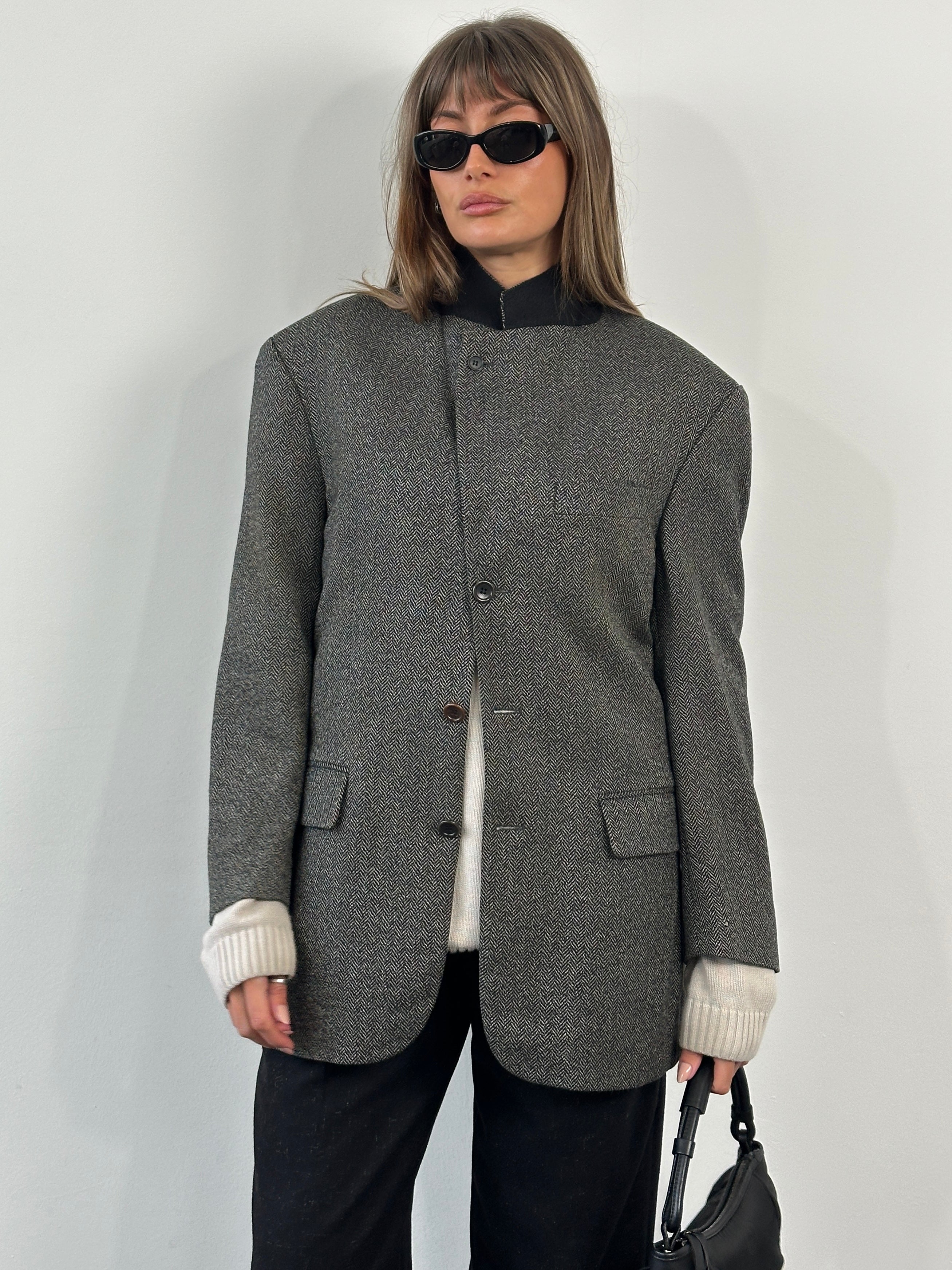 Loro Piana 1990s wool cashmere high neck blazer in size 38R/L, featuring a tailored fit and classic design.