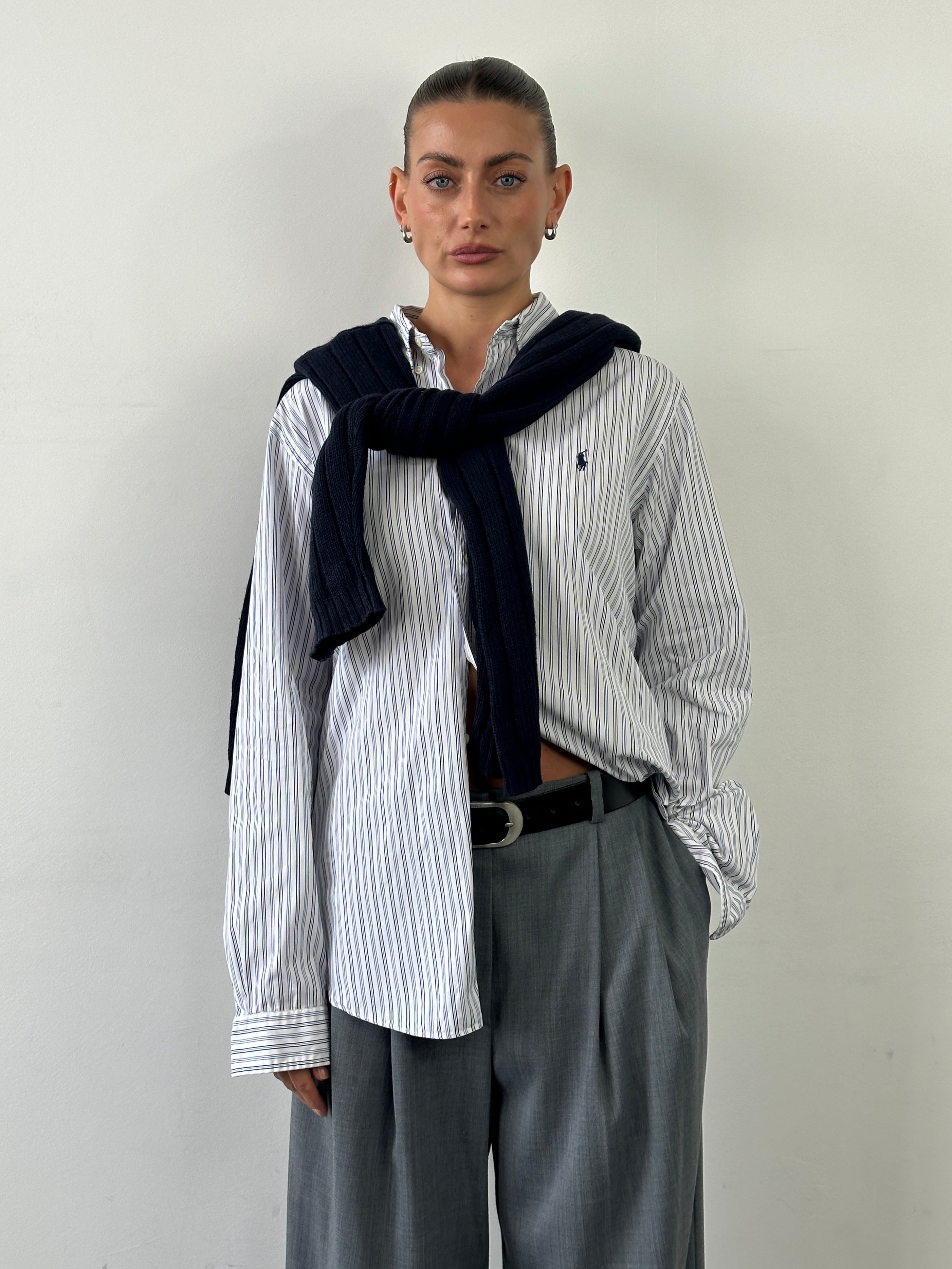 Ralph Lauren striped pure cotton shirt in size large, featuring a classic collar and button-down front.