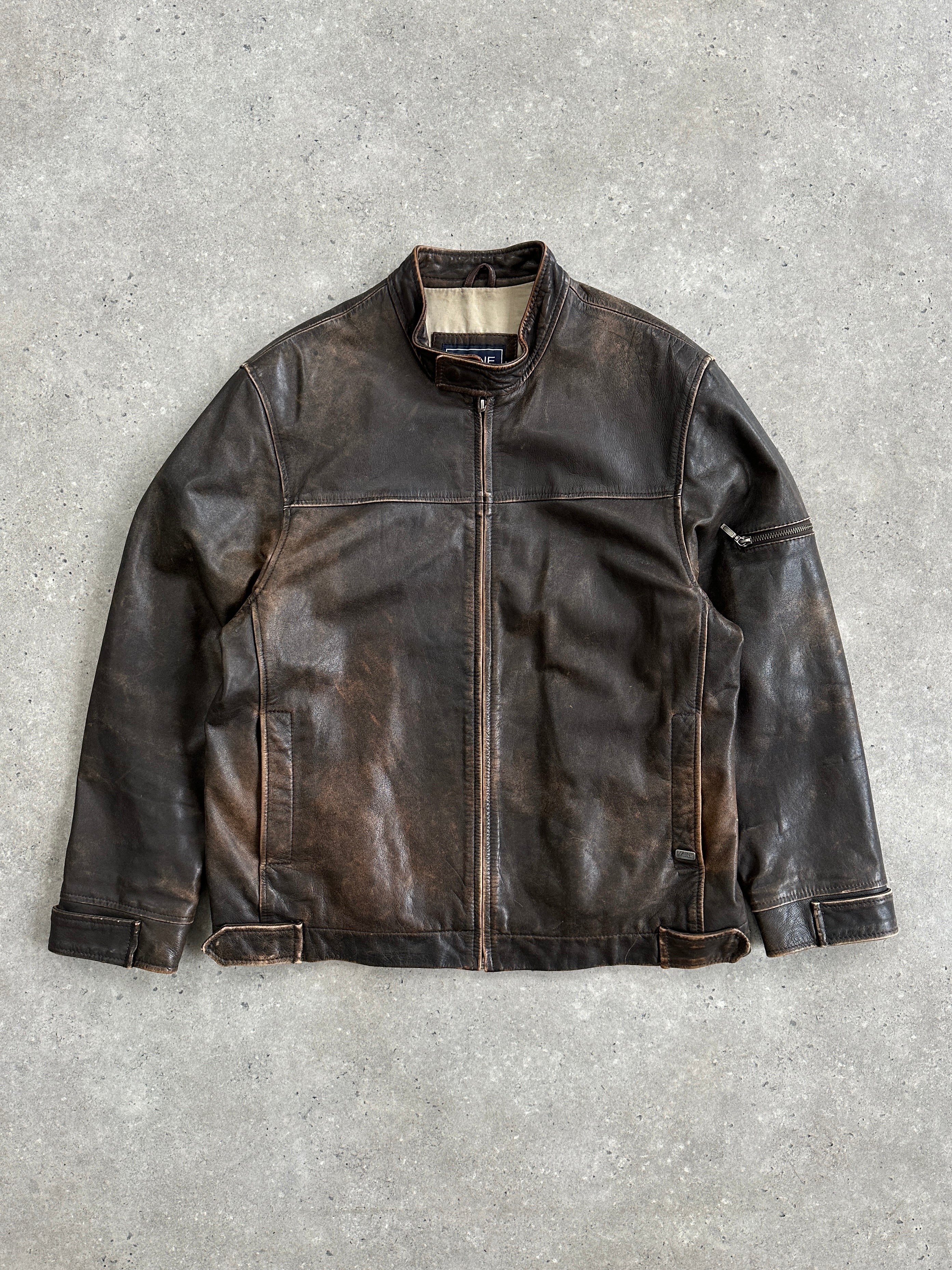 Vintage Moto Leather Jacket in aged brown leather, size large, featuring classic styling and rugged texture.