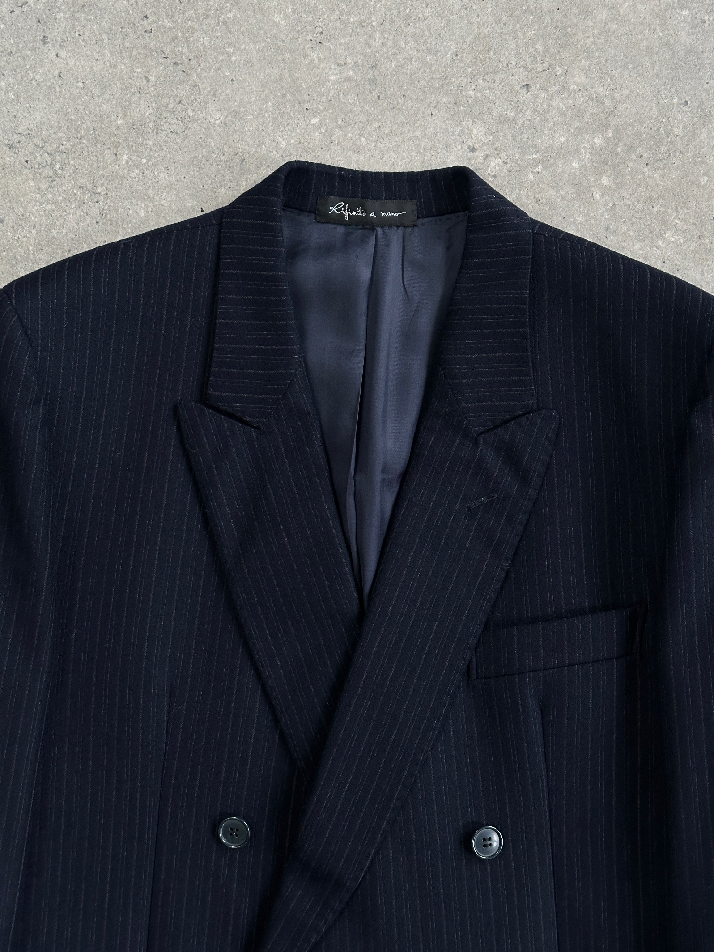 Vintage pure brushed wool stripe double-breasted blazer in size 42R/L, featuring classic tailored design and button details.