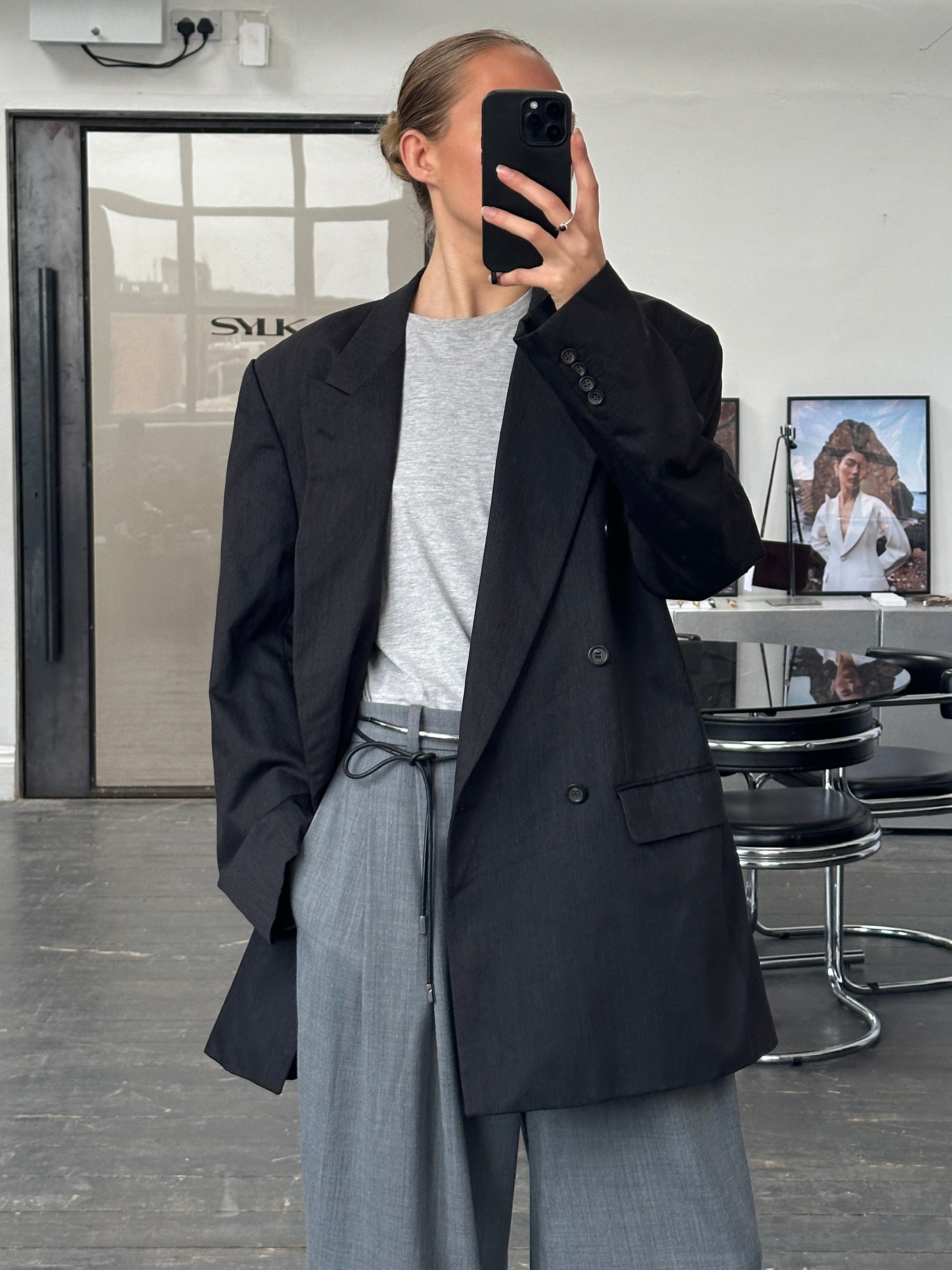 Yves Saint Laurent Pour Homme 1990s wool double-breasted blazer in size 44R/XXL, featuring classic tailored design and structured fit.