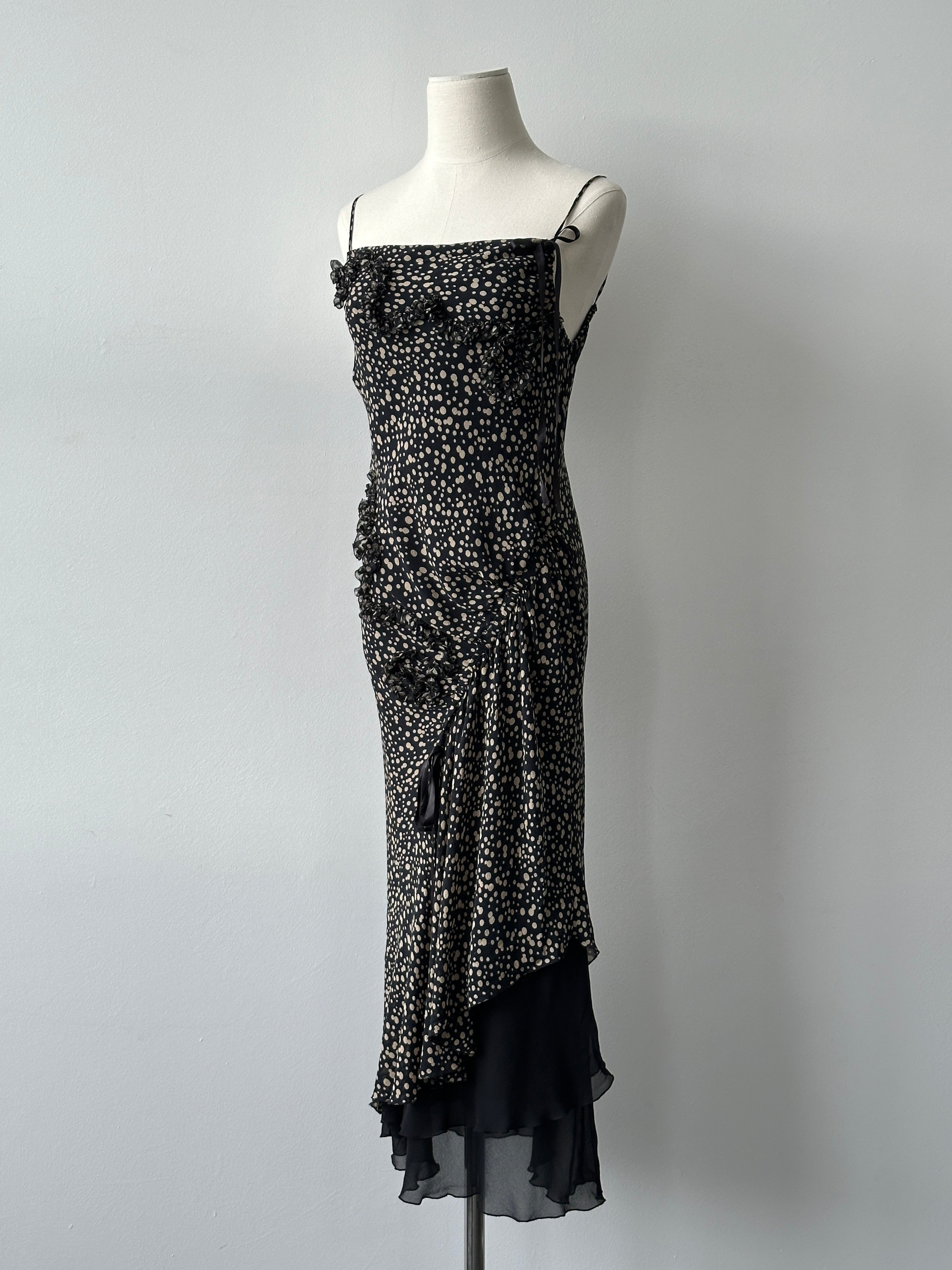 Vintage 2000s Silk Asymmetric Ruffle Print Dress