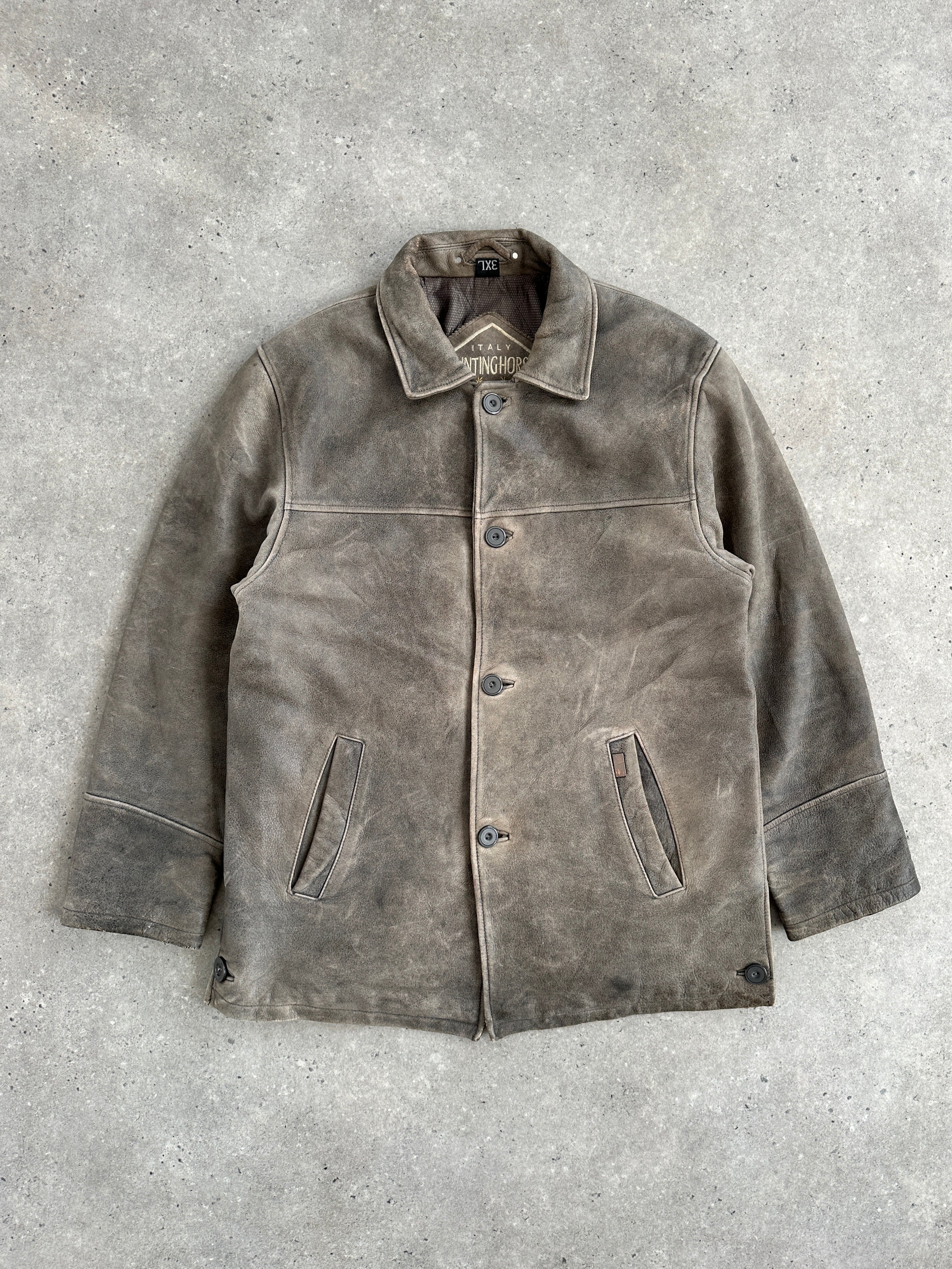 Vintage Italian 1990s aged leather jacket in XL size, showcasing distressed leather and classic design details.