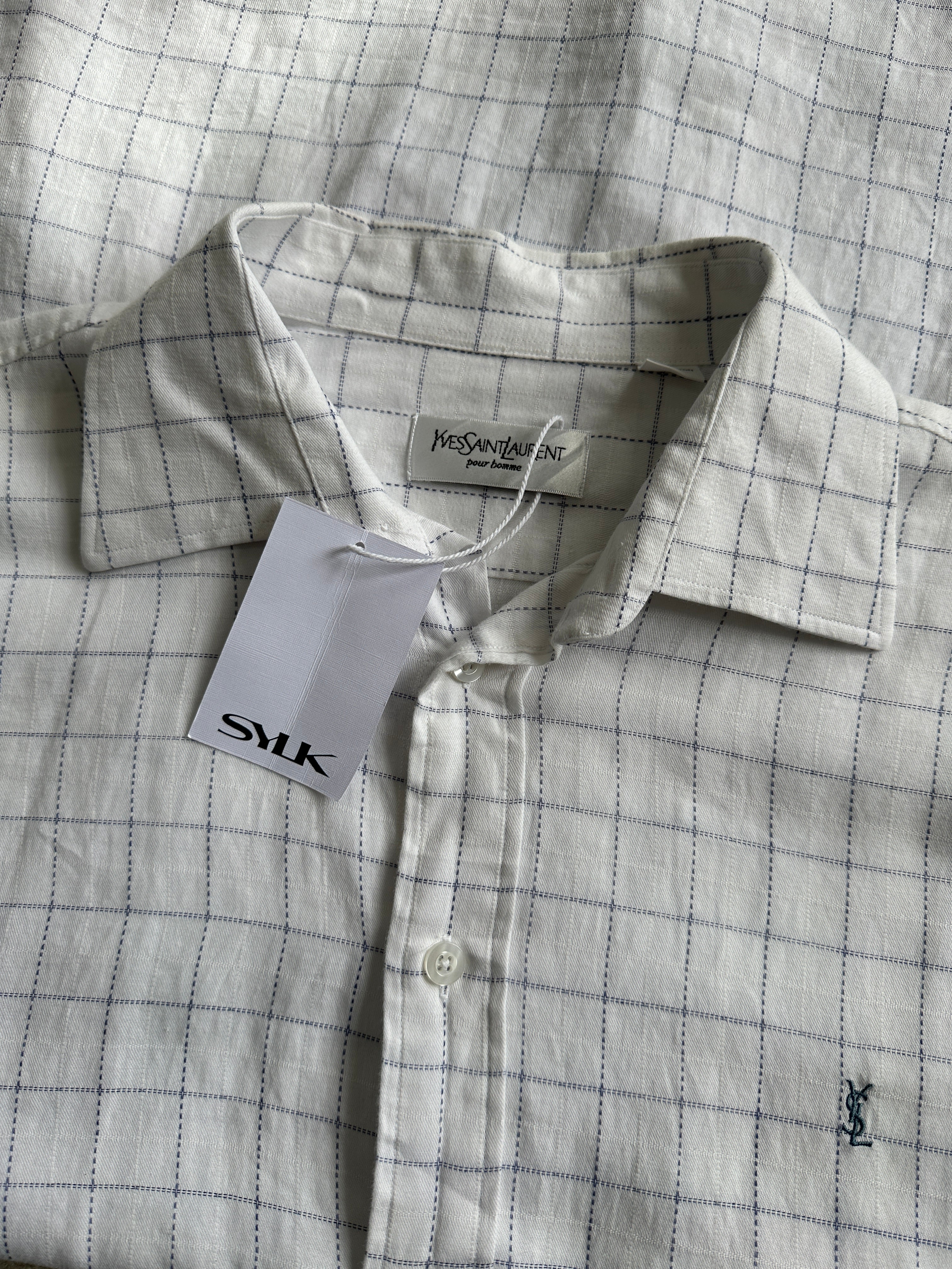 Yves Saint Laurent Pour Homme Check Pure Cotton Logo Shirt in size L, featuring a classic check pattern and logo detail.