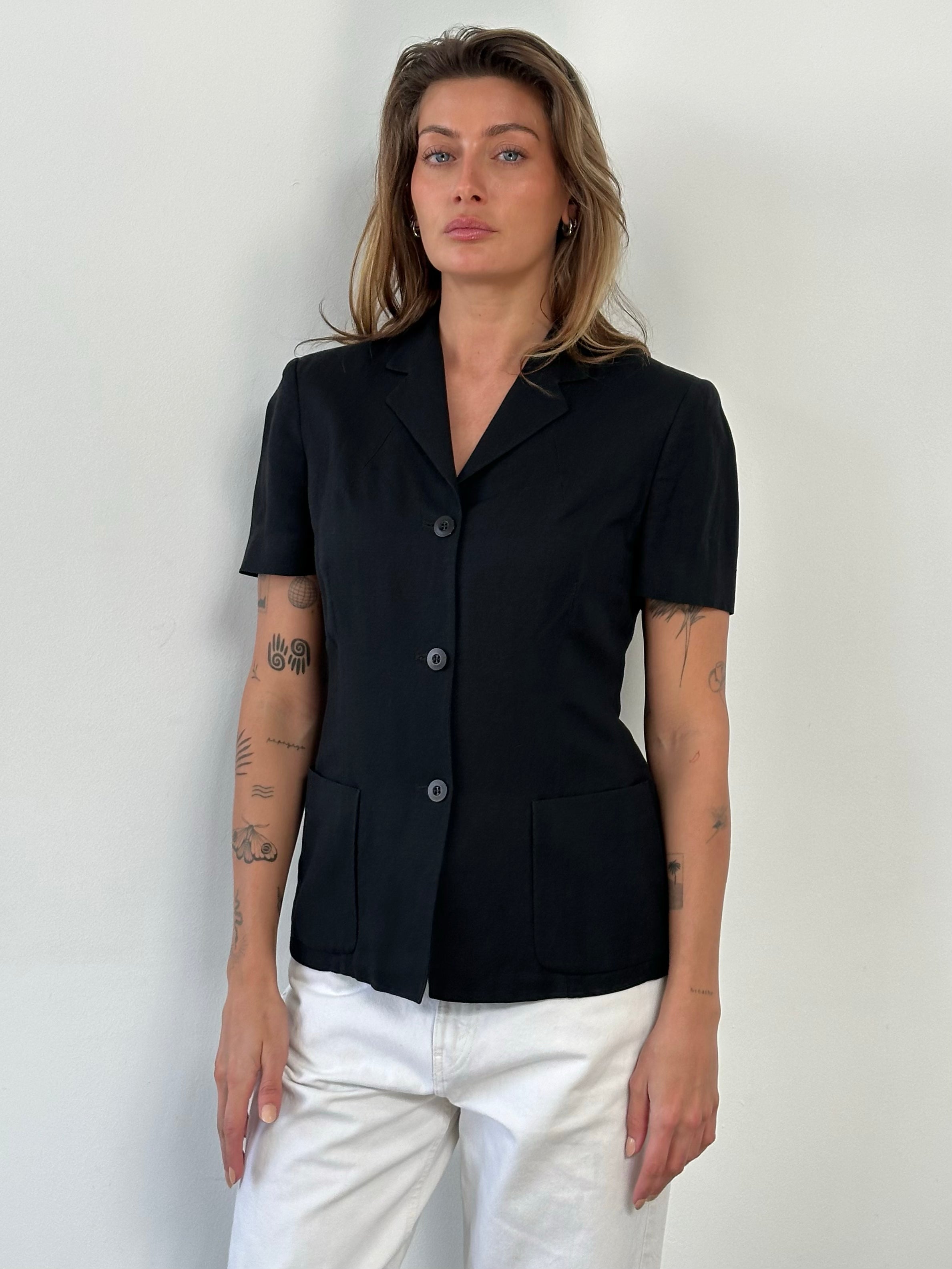 Marella 1990s Linen Short Sleeve Fitted Blazer - M
