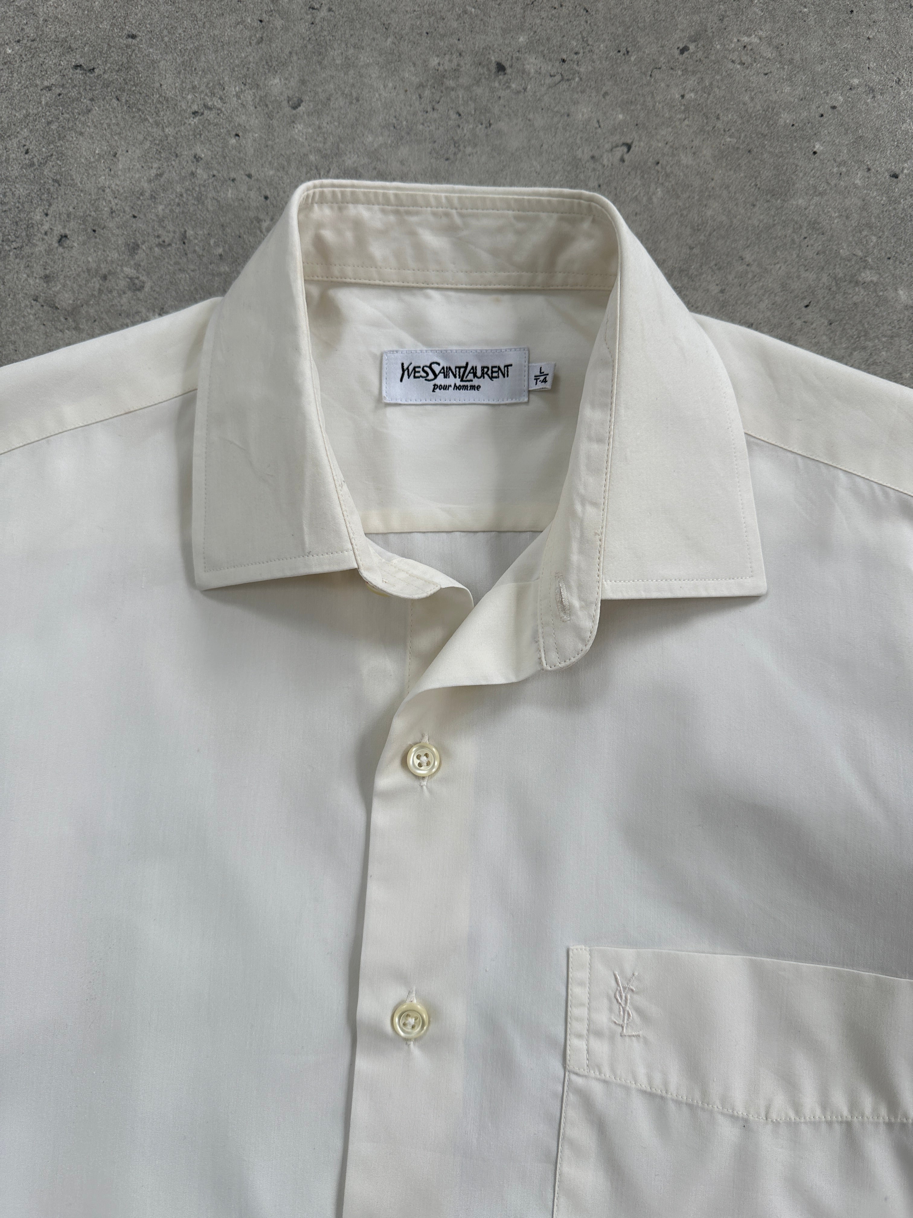 Yves Saint Laurent Pour Homme 1990s cotton logo shirt in size L, featuring the classic YSL branding and a casual fit.