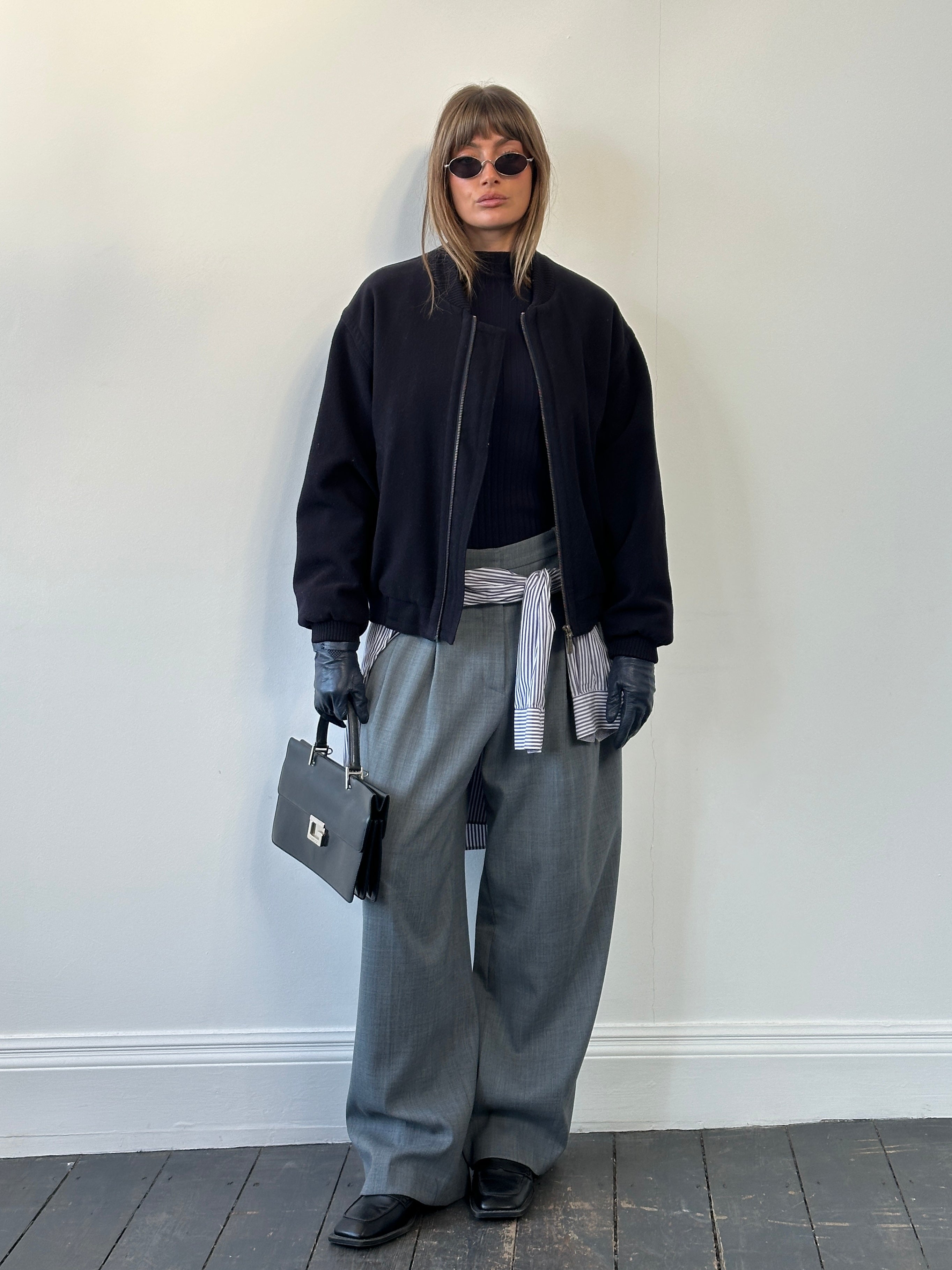 St Michael 1980s pure wool bomber jacket in size L, featuring a classic design with ribbed cuffs and collar, dark navy color.