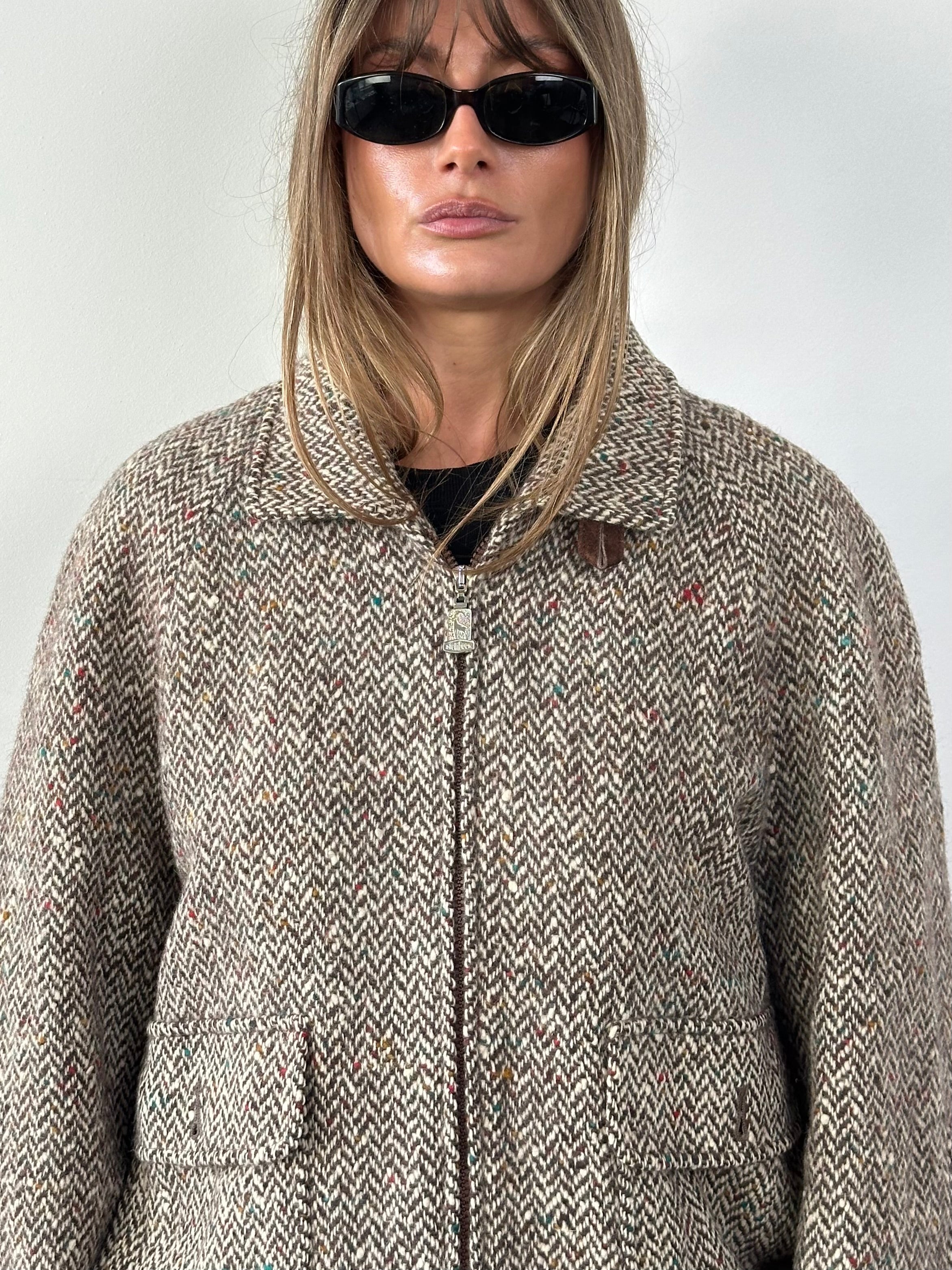Vintage pure wool herringbone bomber jacket in size L, featuring classic design and tailored fit.