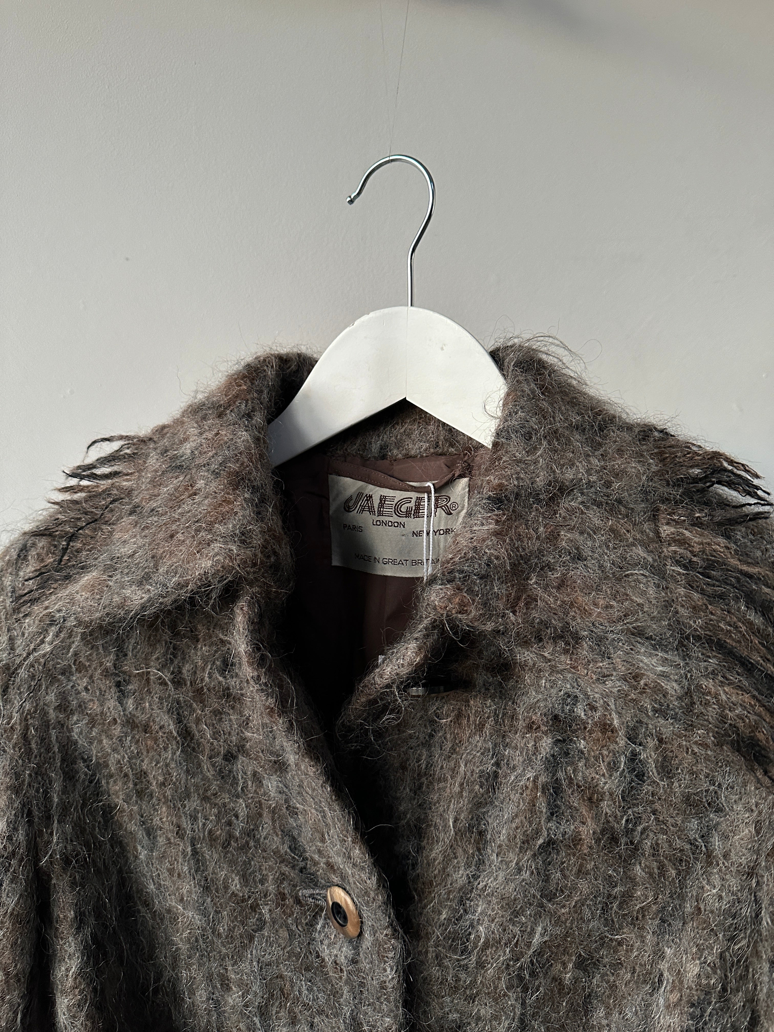 Jaeger wool fuzzy check belted coat in size S, single-breasted design, with a warm, textured fabric and classic style.